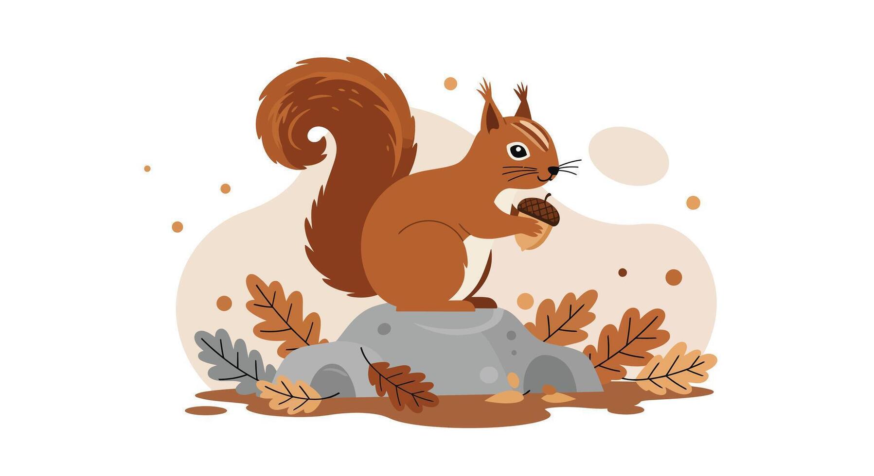 Red squirrel with bushy tail sitting on gray rock surrounded by autumn leaves flat illustration vector