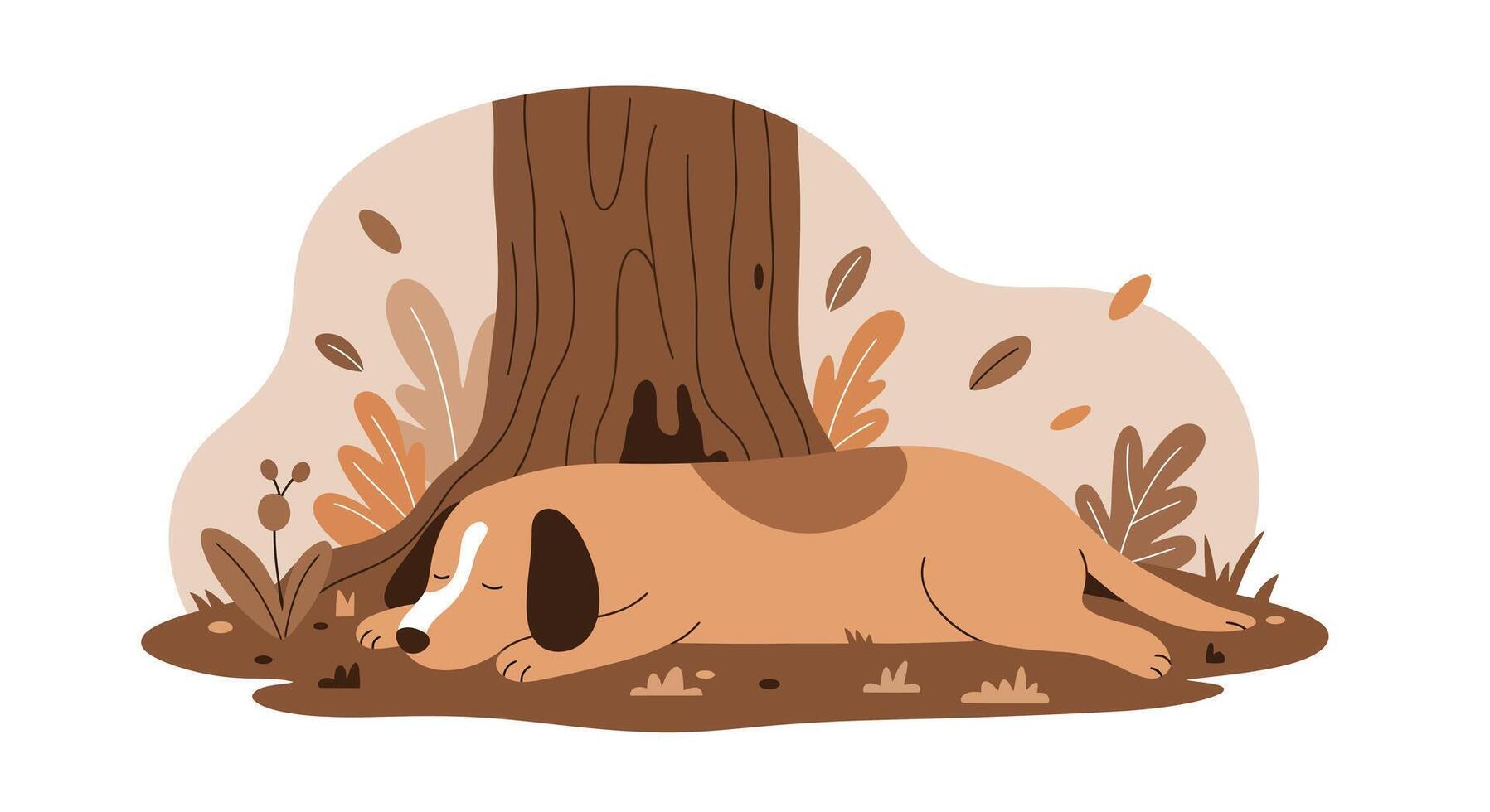Brown dog resting peacefully under tree with autumn leaves in flat minimal style illustration vector