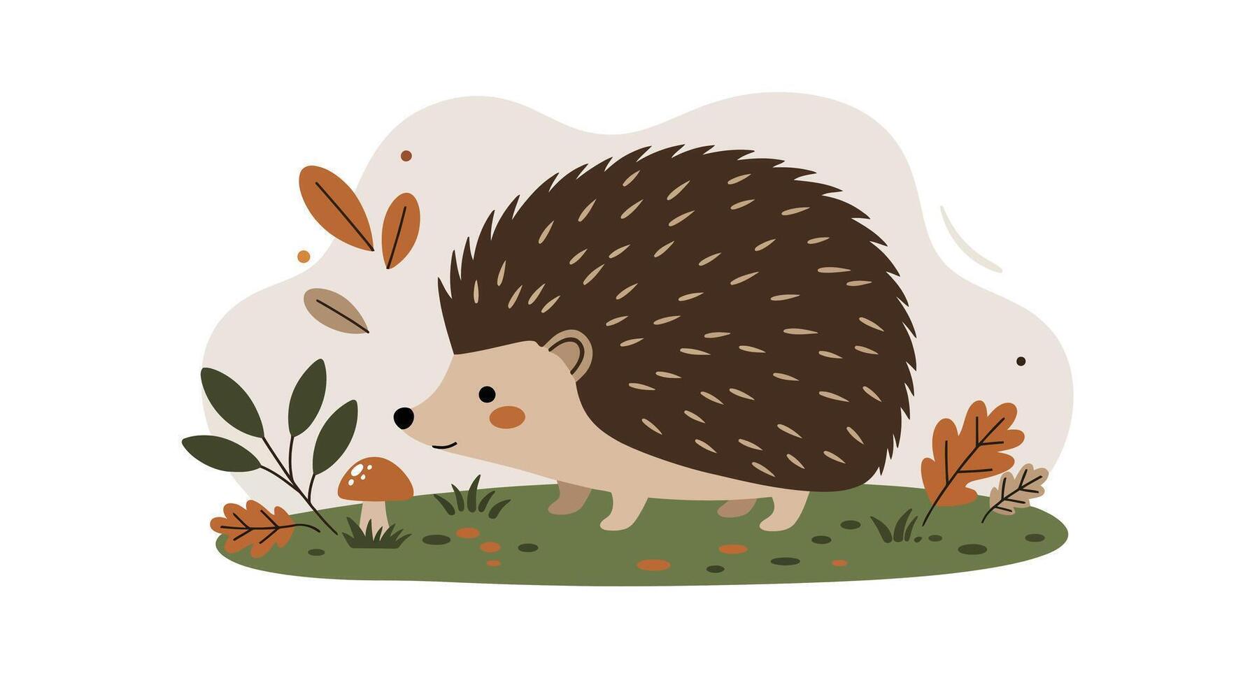 Cute small brown hedgehog walking on green grass with autumn leaves in flat minimalist style illustration vector