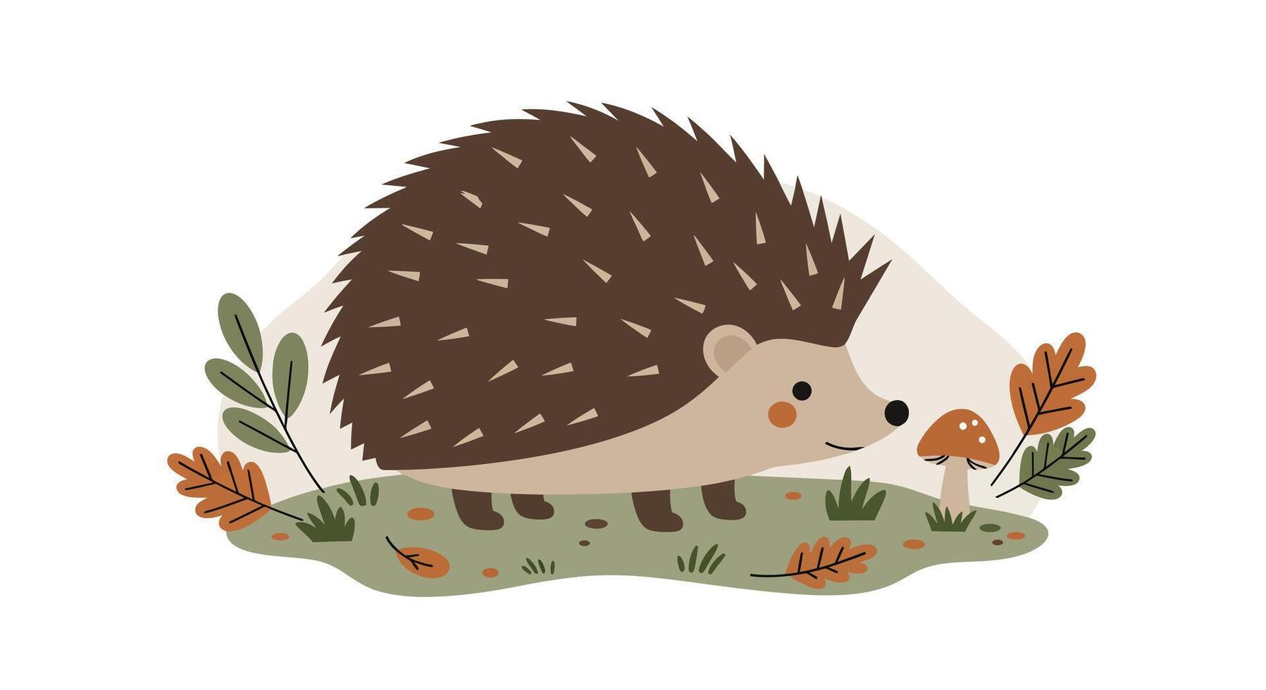 Cute brown hedgehog walking on green grass with autumn leaves and mushroom in flat minimal illustration vector