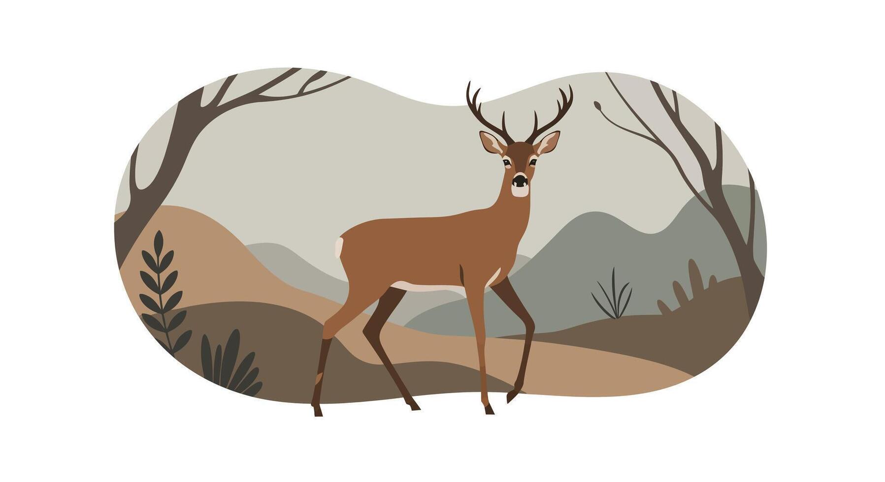 Brown deer with antlers walking in flat minimal mountain landscape with bare trees art vector