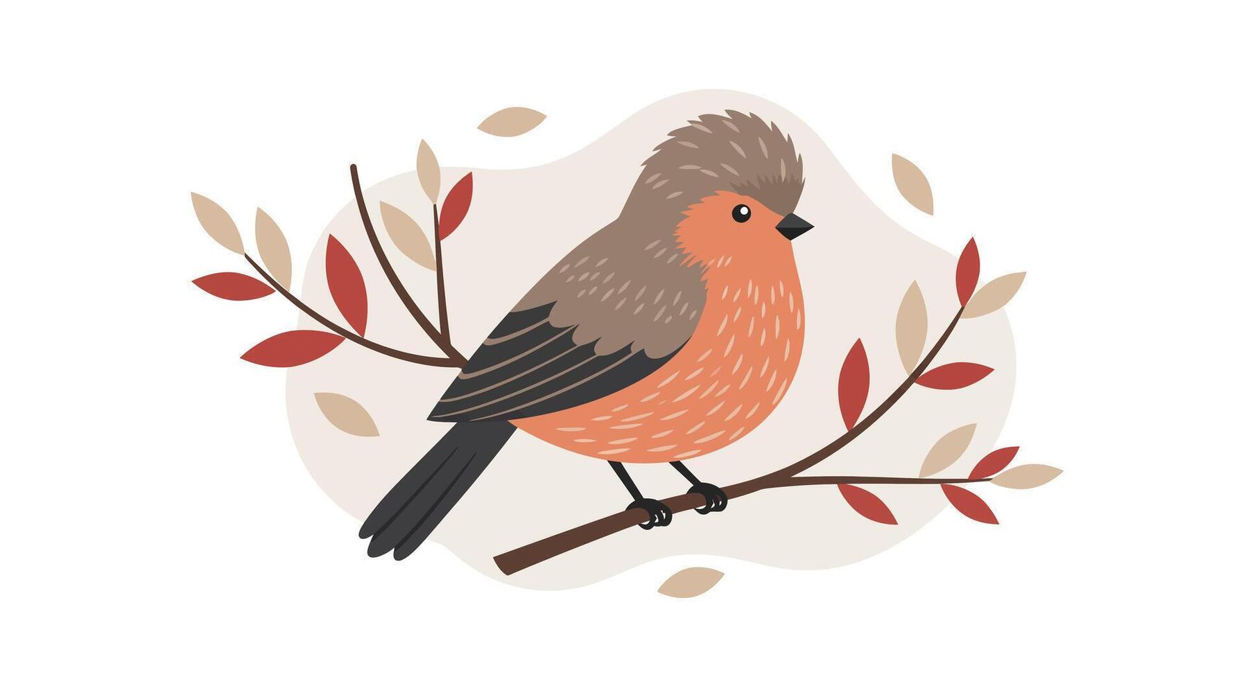 Small brown and orange bird perched on leafy branch in flat minimal nature design illustration vector