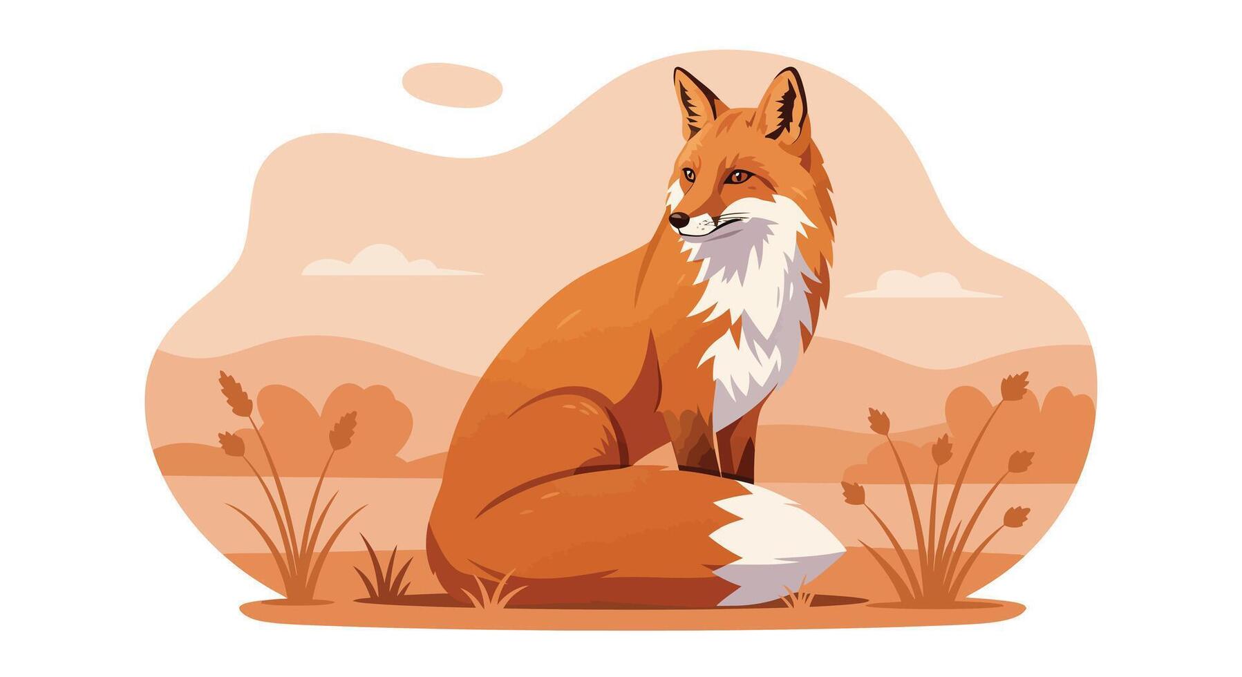 Red fox sitting calmly in natural grassland with warm tones minimal flat design illustration vector
