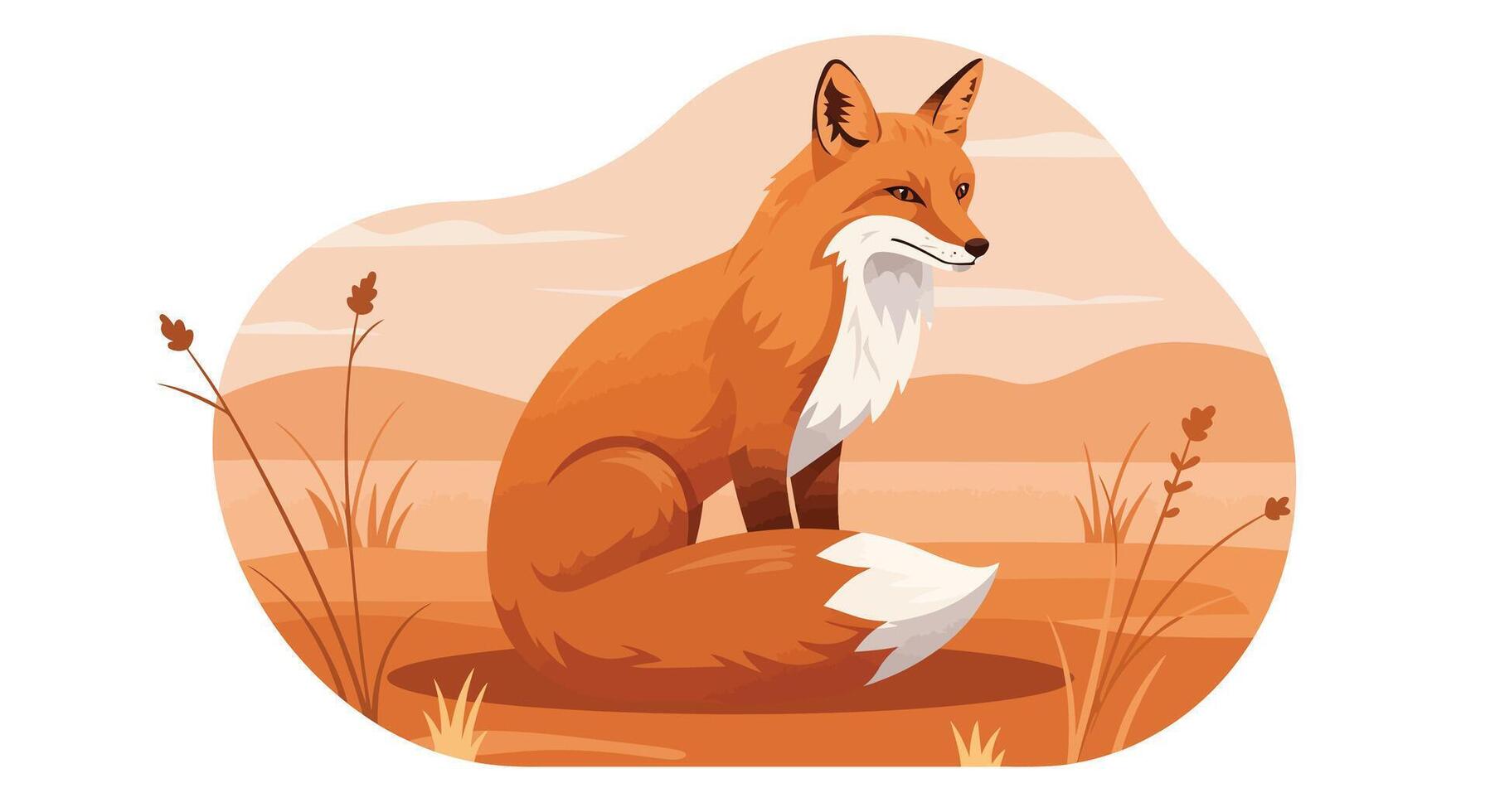 Red fox sitting calmly in a dry grass field with minimal flat design and warm earthy tones illustration vector