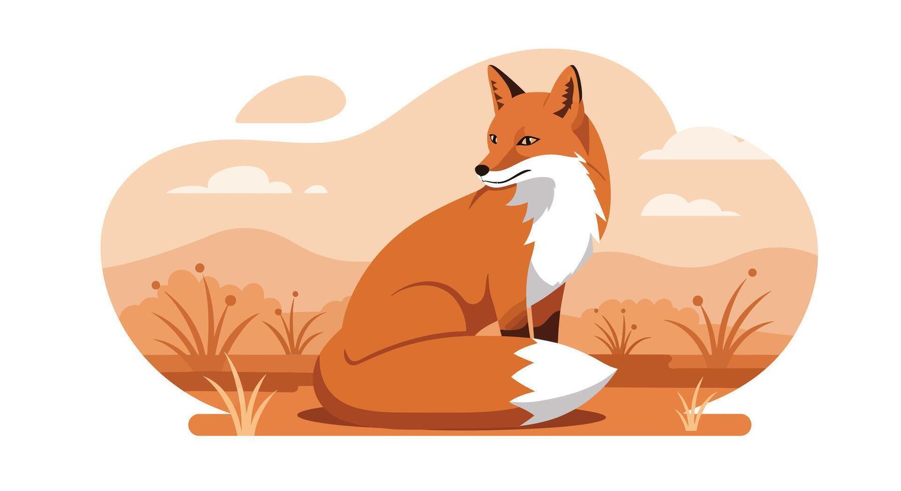 Red fox sitting calmly in natural landscape with flat minimal design style illustration vector