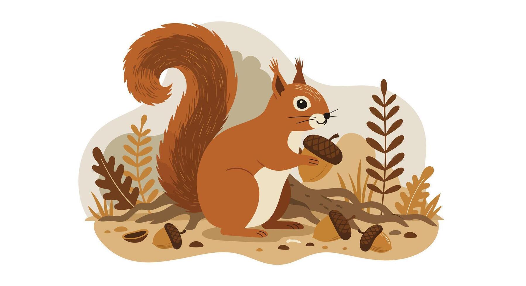 Red squirrel gathering acorns in autumn forest with detailed flat design style illustration vector