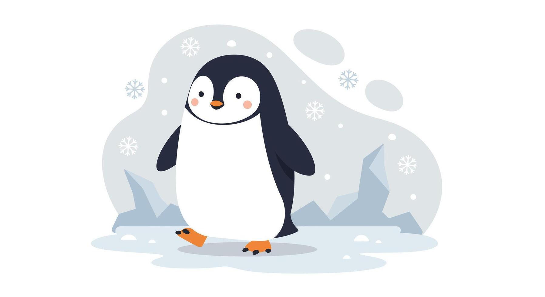 Cute smiling baby penguin standing on icy ground with snowy mountains and snowflakes in flat cartoon style illustration vector