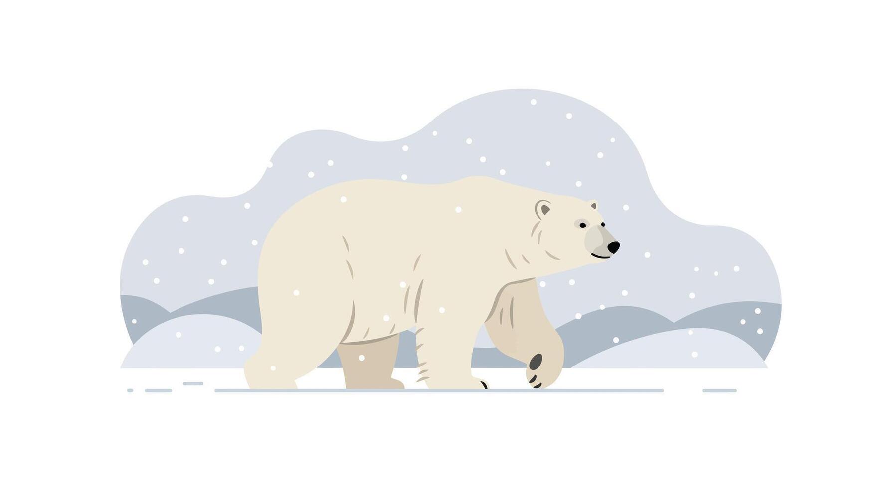 Polar bear walking through snowy arctic landscape with minimalist soft colors and flat design style illustration vector