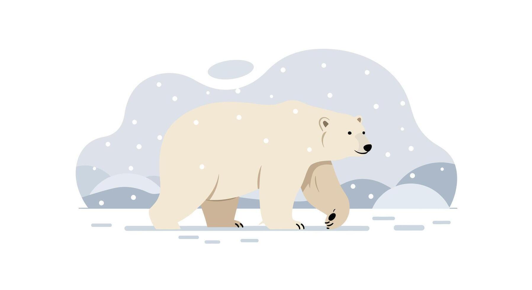Polar bear walking on icy ground in snowy winter landscape with minimal flat design illustration vector