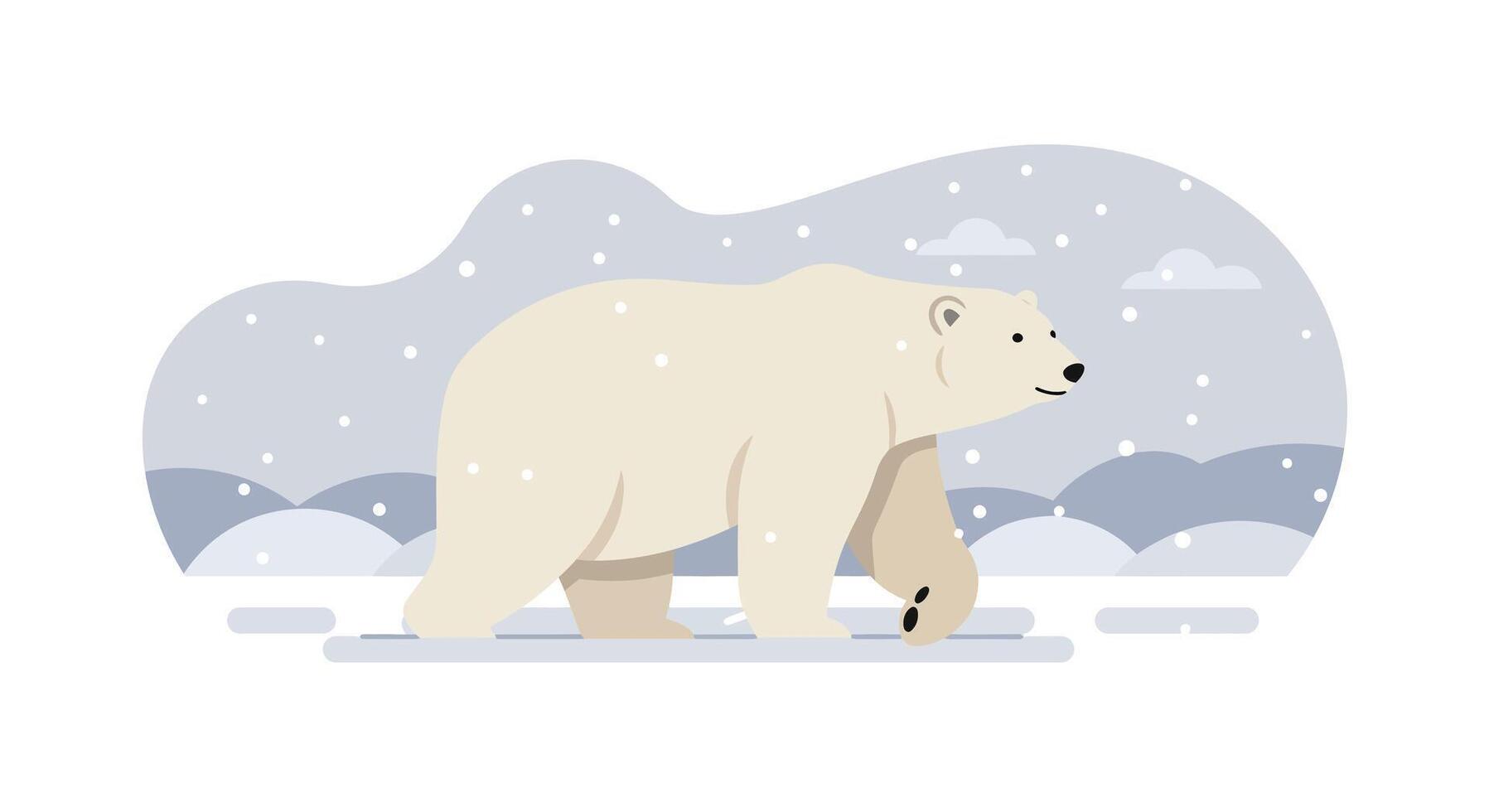Polar bear walking on icy snow in snowy arctic landscape with mountains in flat minimal illustration vector