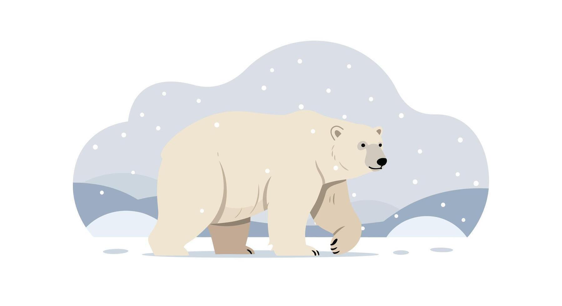 Polar bear walking through snowy arctic landscape with minimal flat design style illustration vector