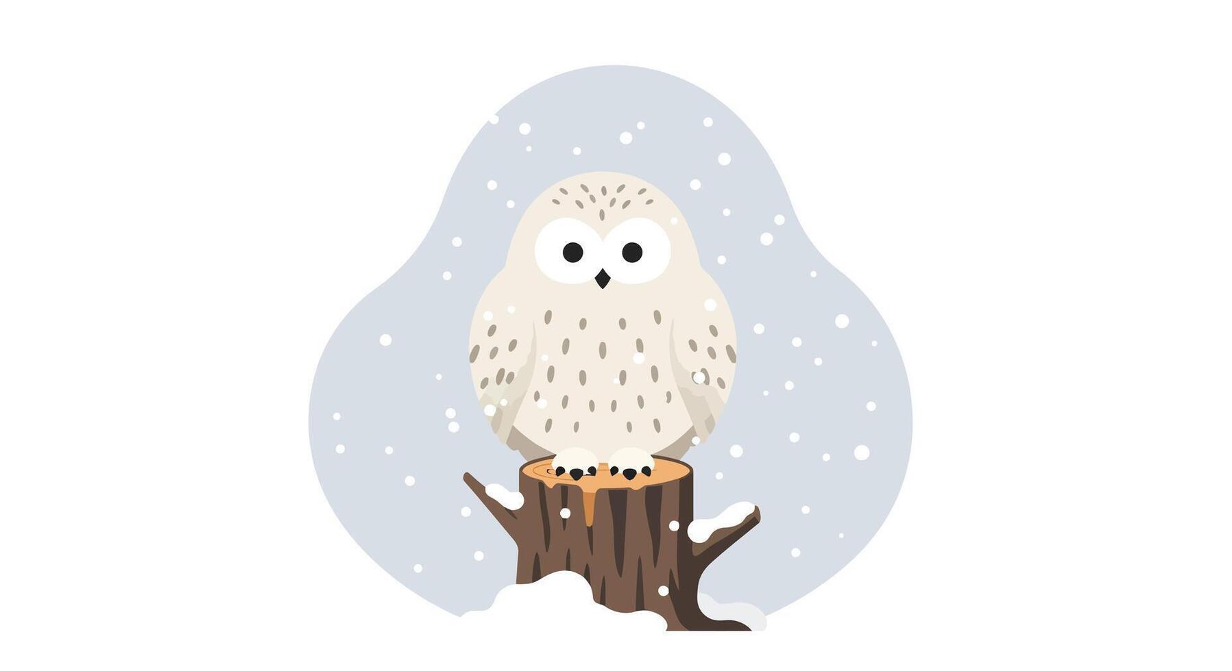 Snowy owl perched on tree stump with falling snowflakes in minimal flat design winter illustration vector