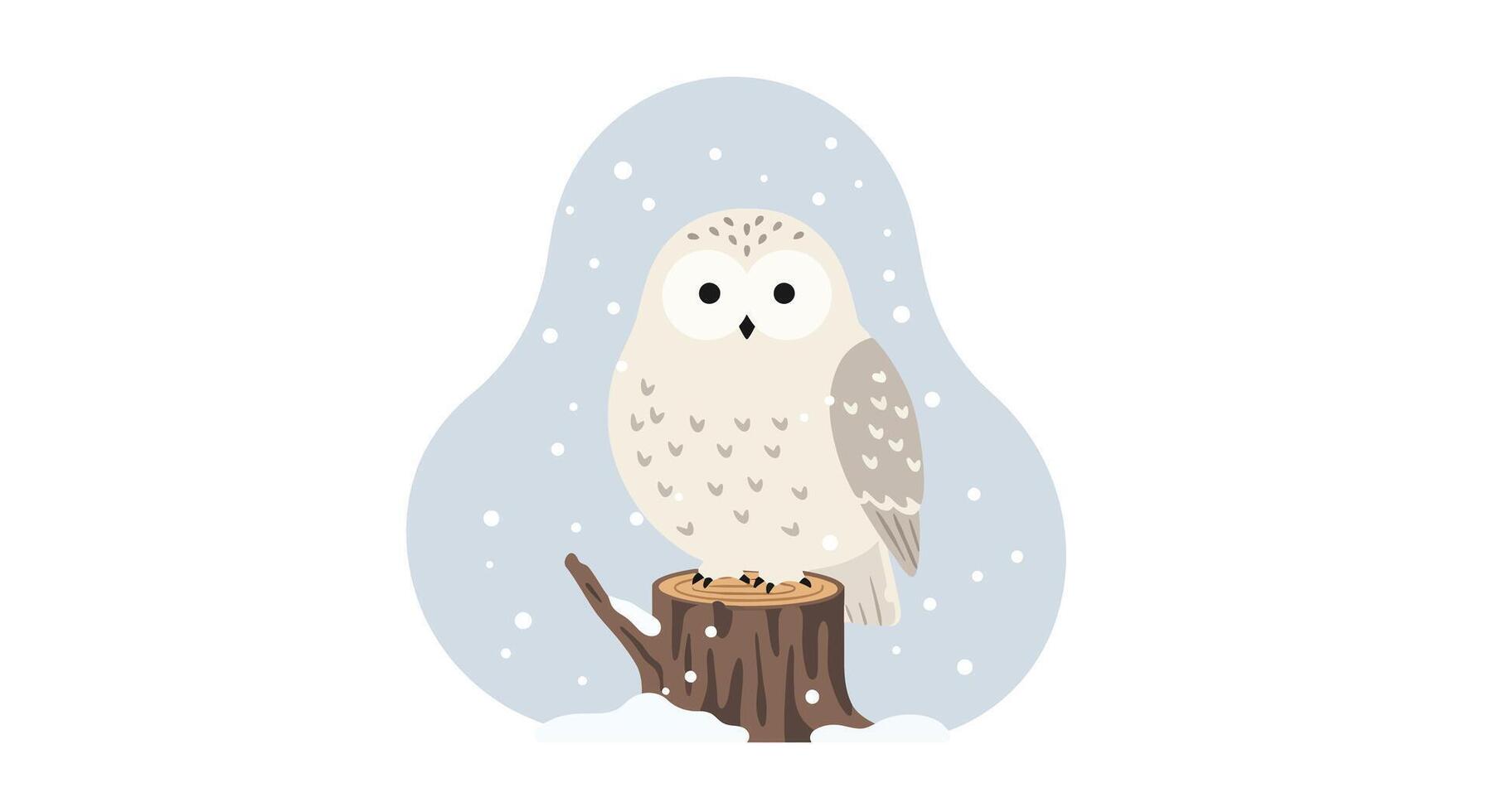Snowy owl perched on tree stump in flat minimal style with winter snowflakes illustration vector