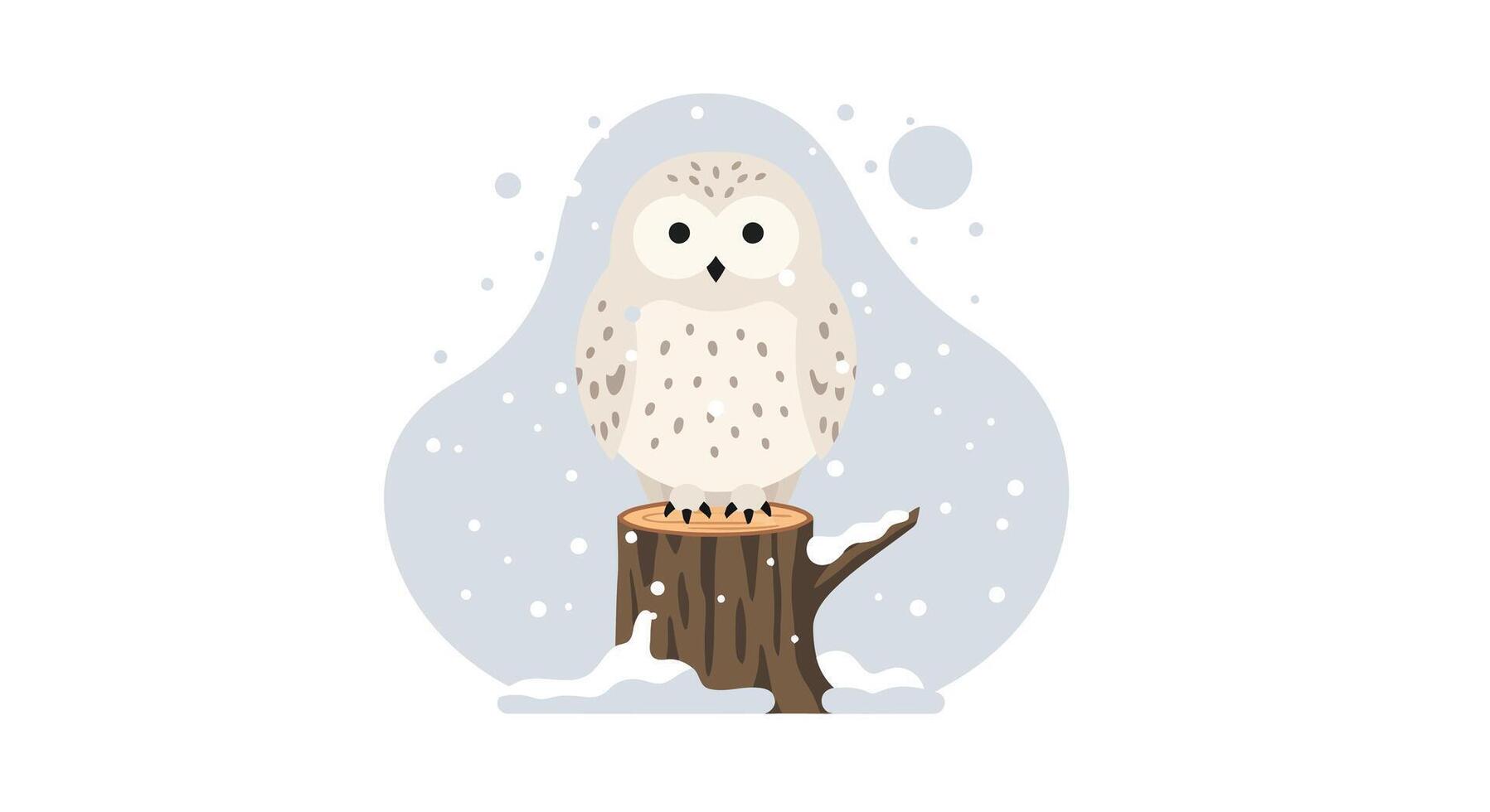White snowy owl perched on tree stump in winter forest flat minimal illustration vector