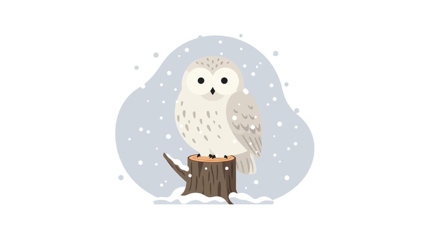 White snowy owl perched on tree stump in winter scene with snowflakes falling flat design illustration vector
