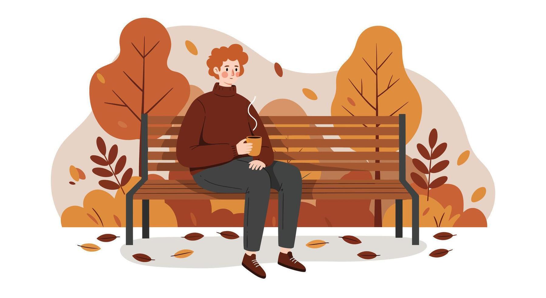 Young man enjoying autumn weather sitting on wooden bench surrounded by fall trees flat style illustration vector