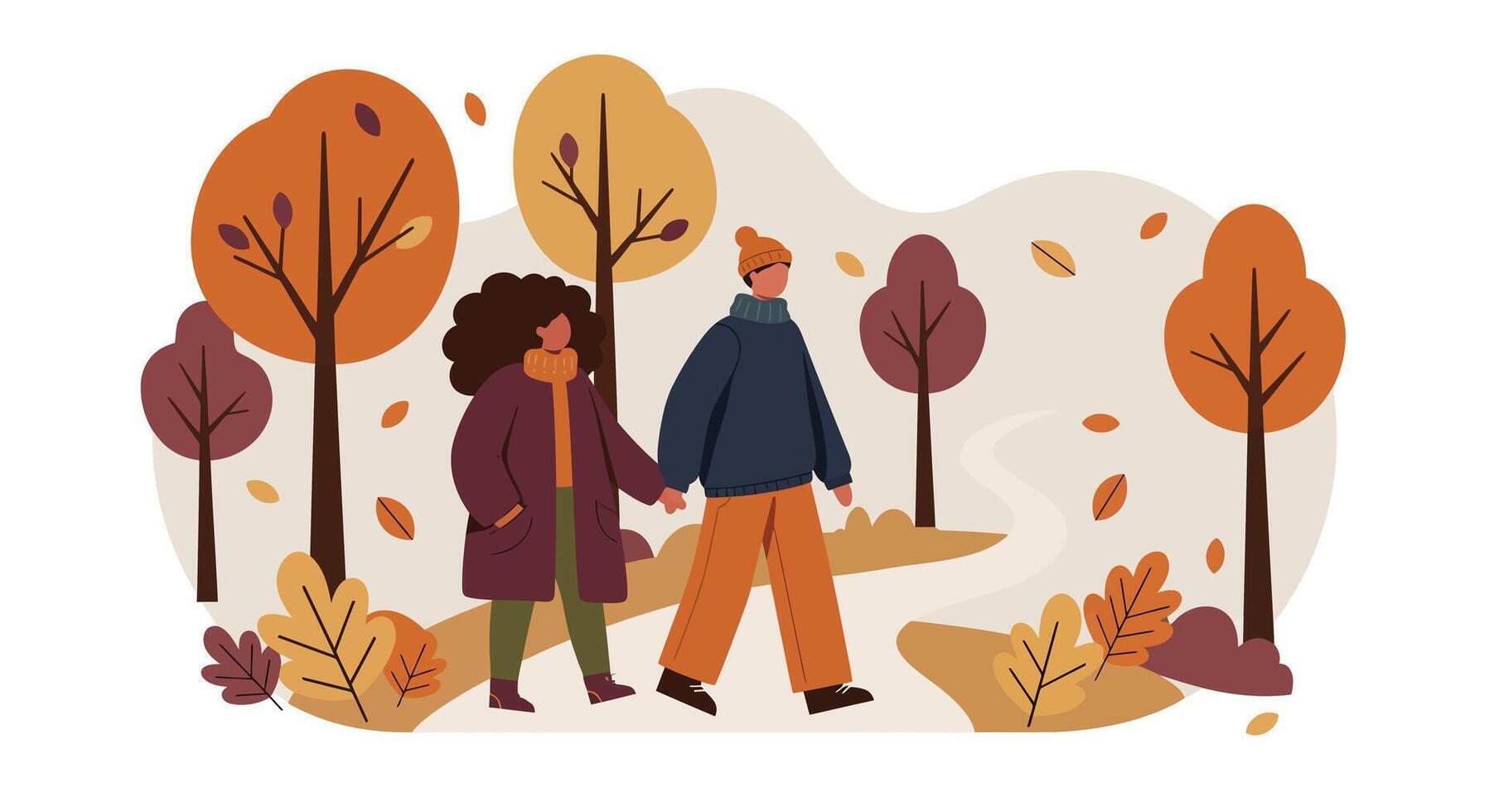 Couple walking through autumn park with colorful trees and falling leaves in flat design illustration vector
