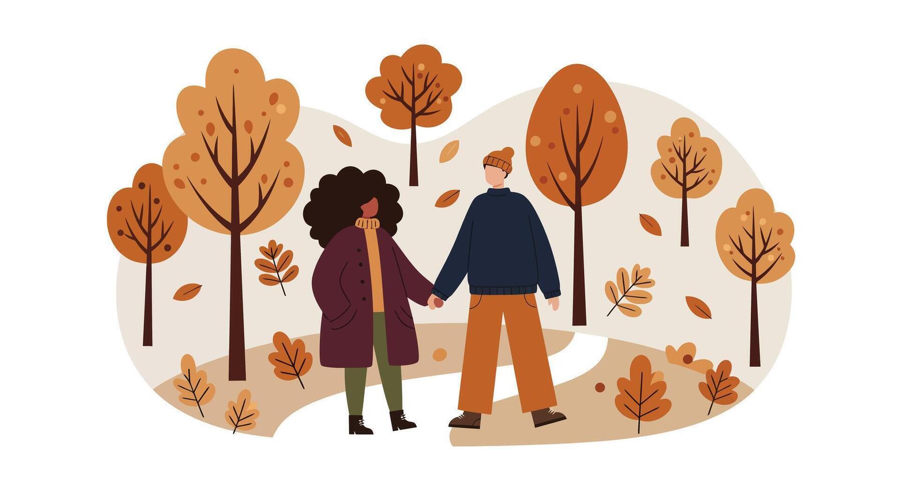 Diverse couple holding hands walking through autumn forest with falling leaves in flat minimal illustration vector