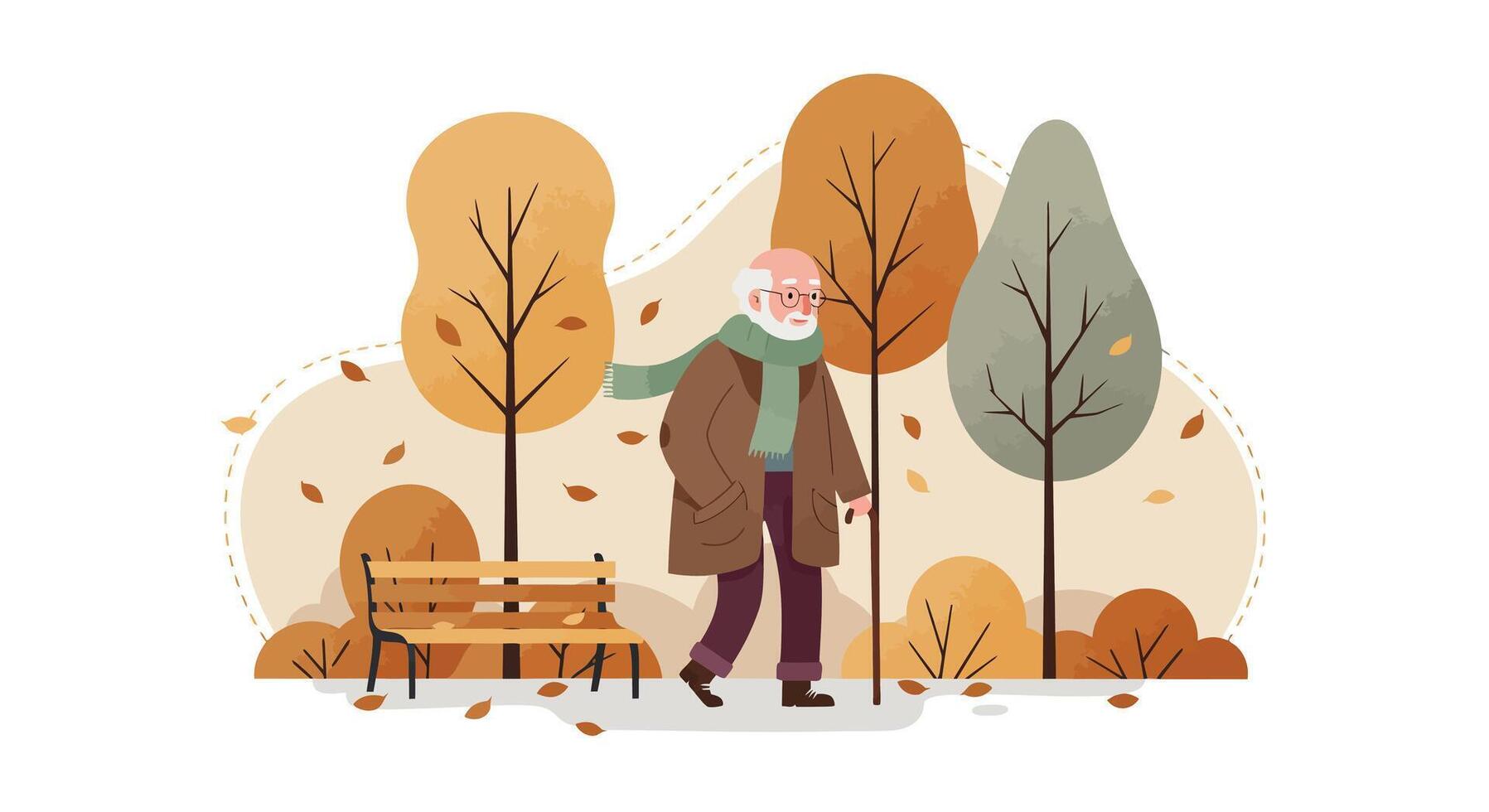 Elderly man walking with cane in autumn park flat design with fall trees and bench illustration vector