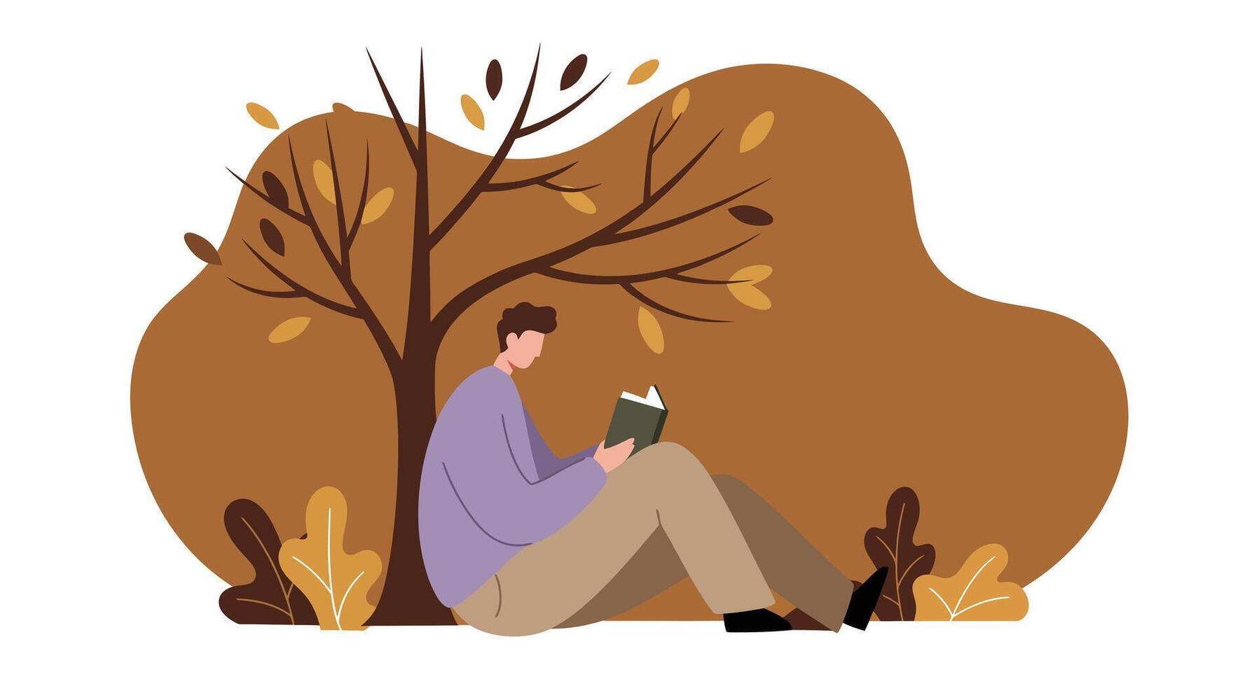 Young man sitting under bare autumn tree reading book in minimal flat design illustration vector