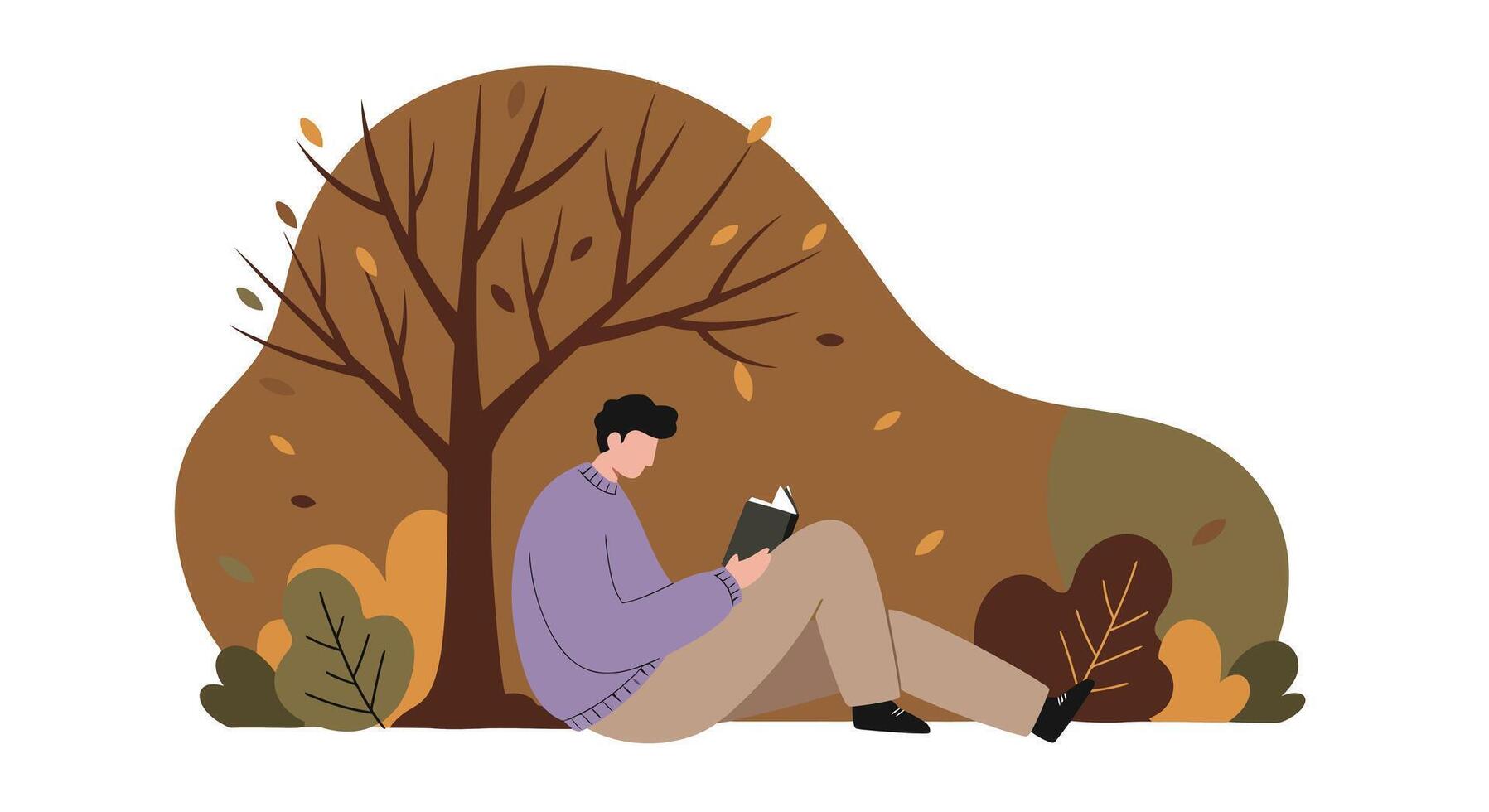 Young man reading book under leafless tree in autumn nature flat minimal illustration vector