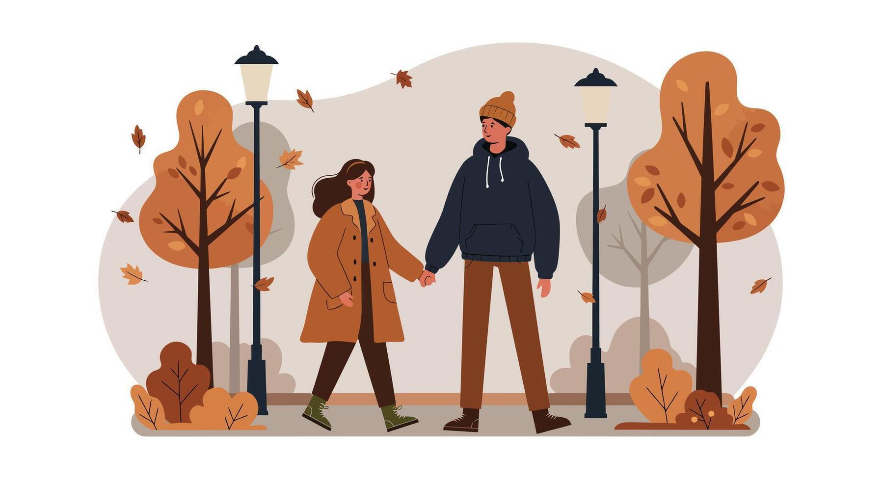 Couple walking in autumn park holding hands with warm clothing flat design illustration 3 vector