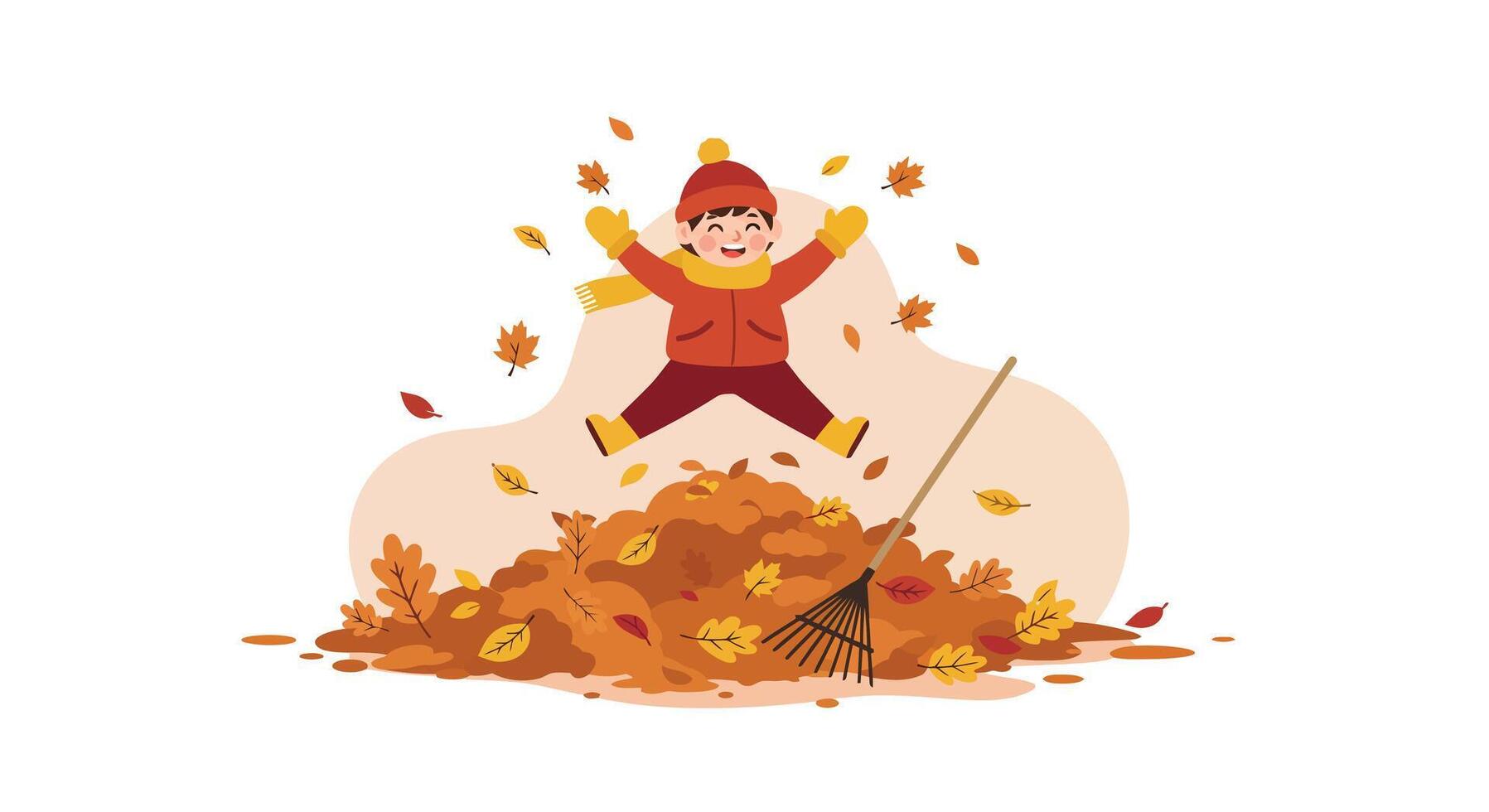 Child jumping joyfully into pile of autumn leaves wearing warm clothes in flat colorful art vector