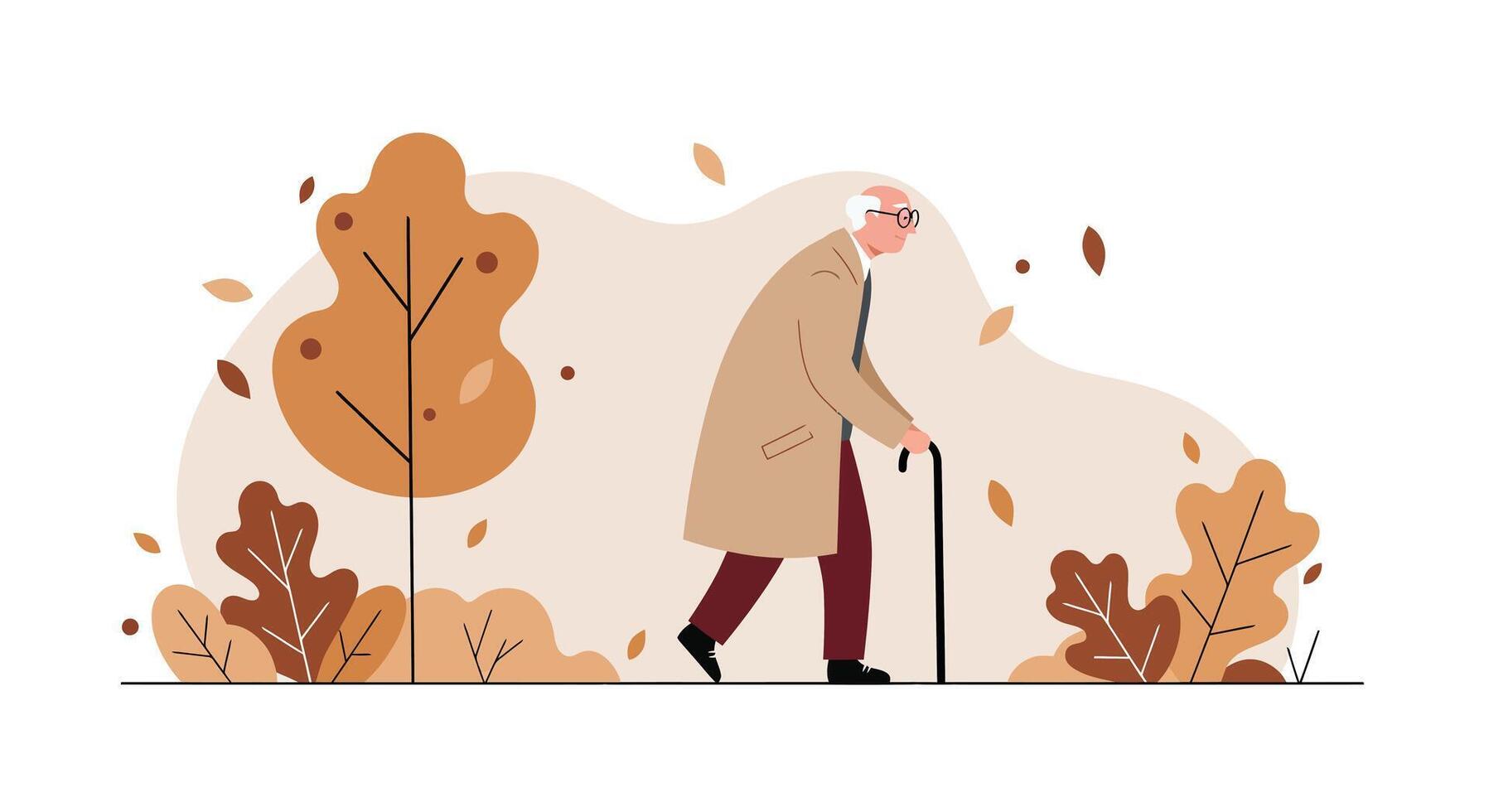 Elderly man walking with cane among autumn trees in minimal flat design illustration vector