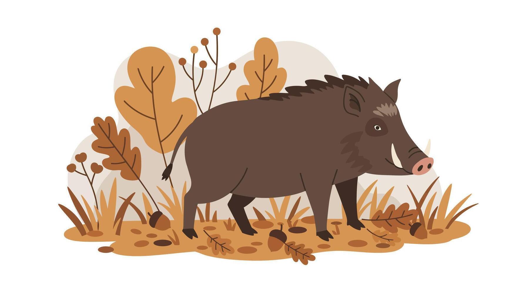 Wild boar standing among autumn leaves and dry plants in minimal flat design illustration vector
