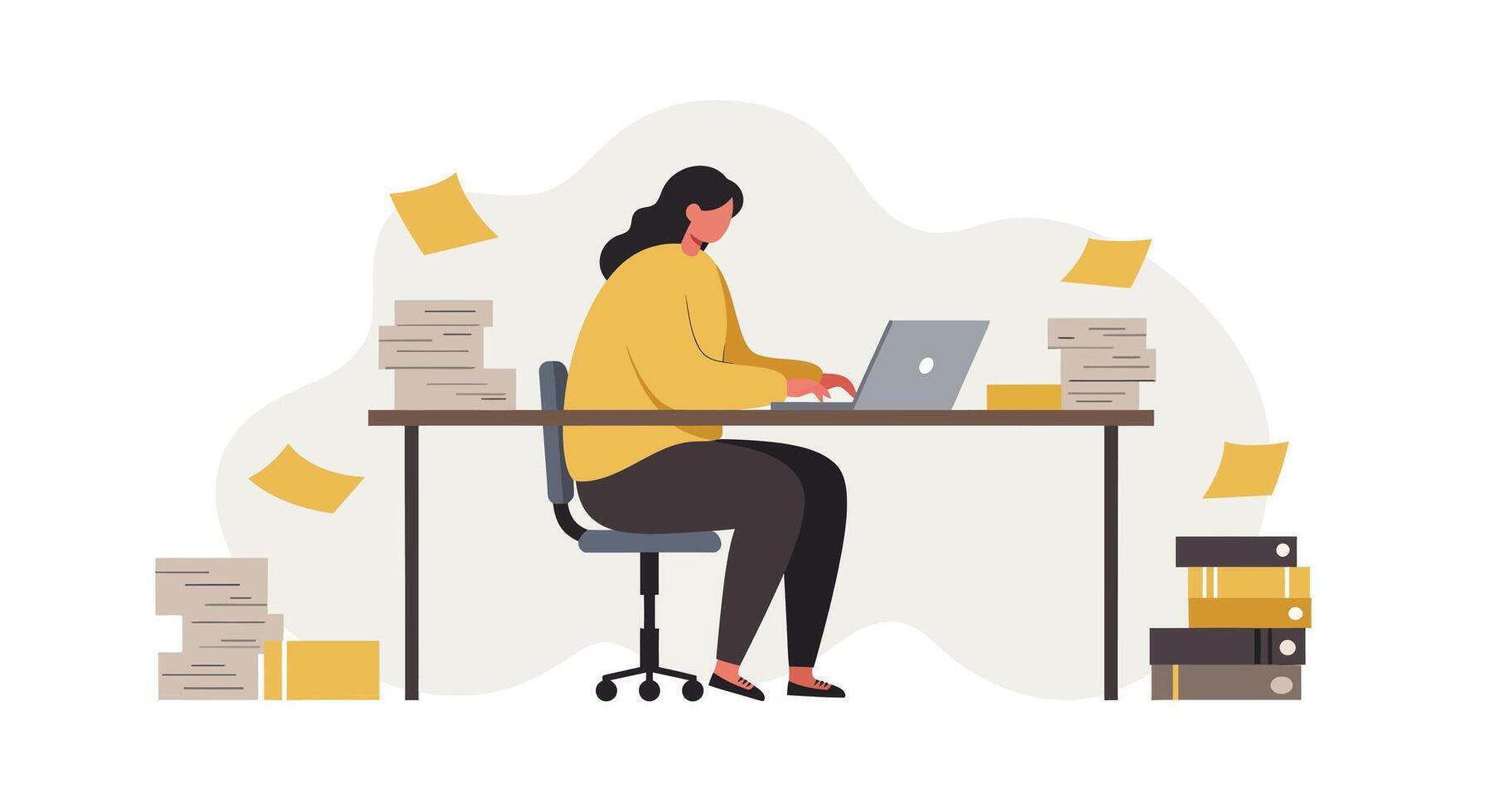 Woman working at desk with laptop surrounded by documents flat minimalist style illustration vector