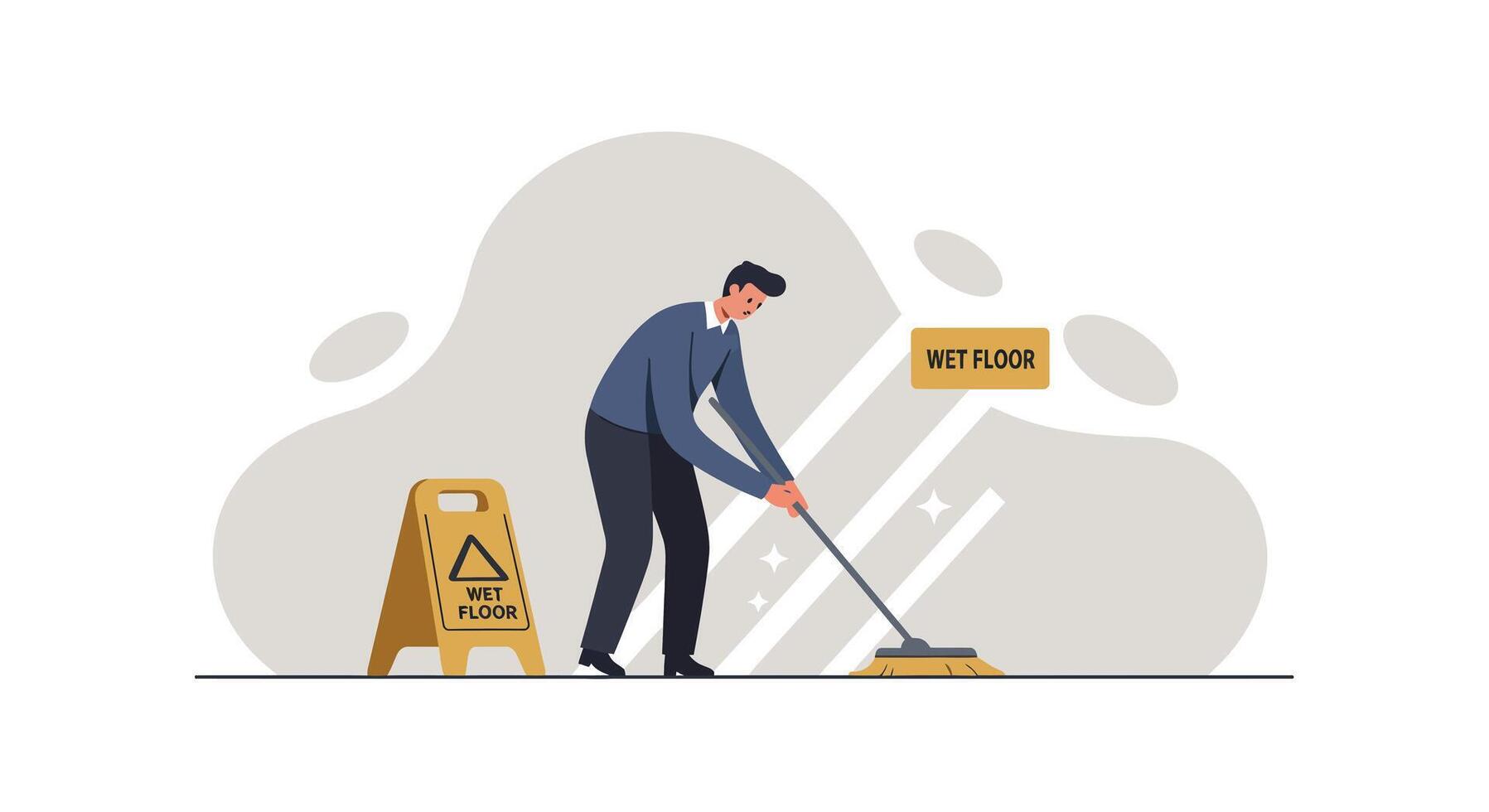 Man cleaning wet floor with mop wearing business casual clothes in minimal flat design style art vector