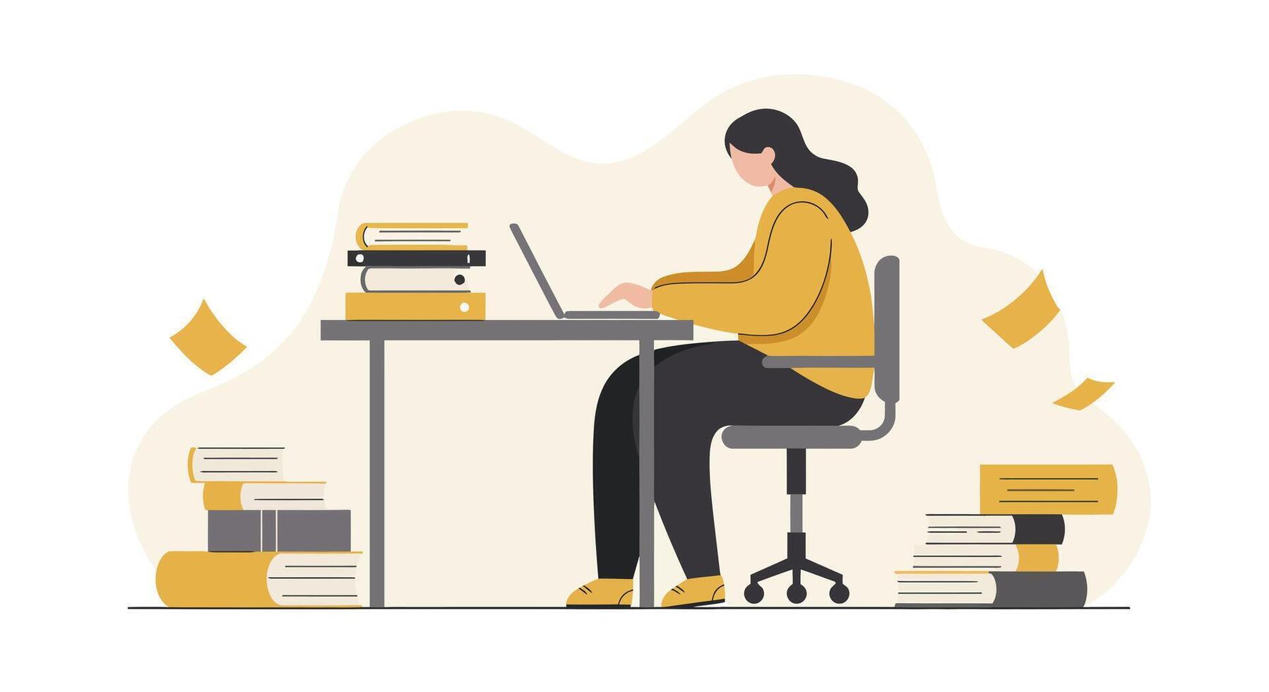 Woman working on laptop at desk with books scattered around in flat modern minimal illustration vector