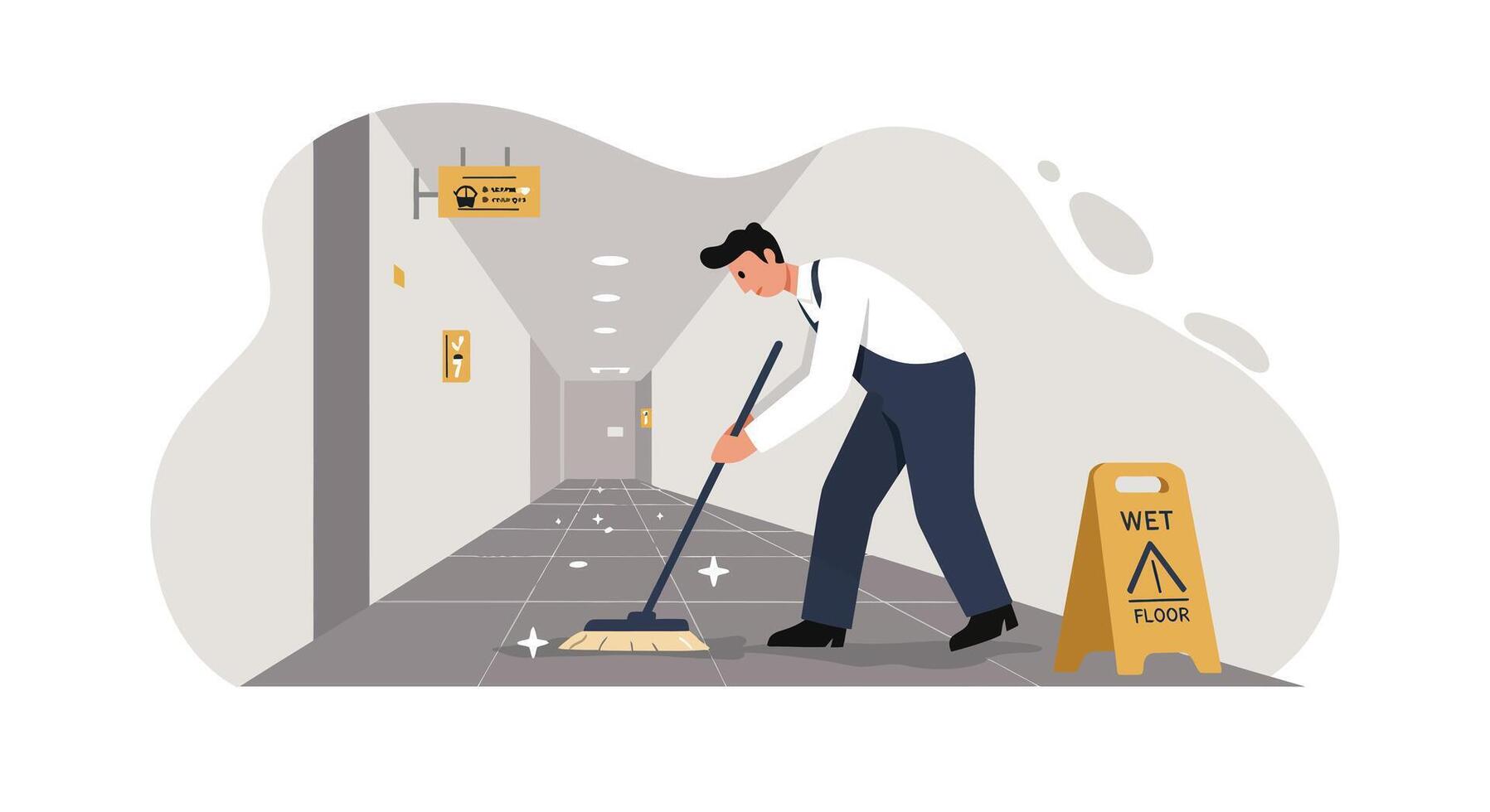 Man cleaning office hallway floor with mop and wet floor sign in flat minimal illustration vector