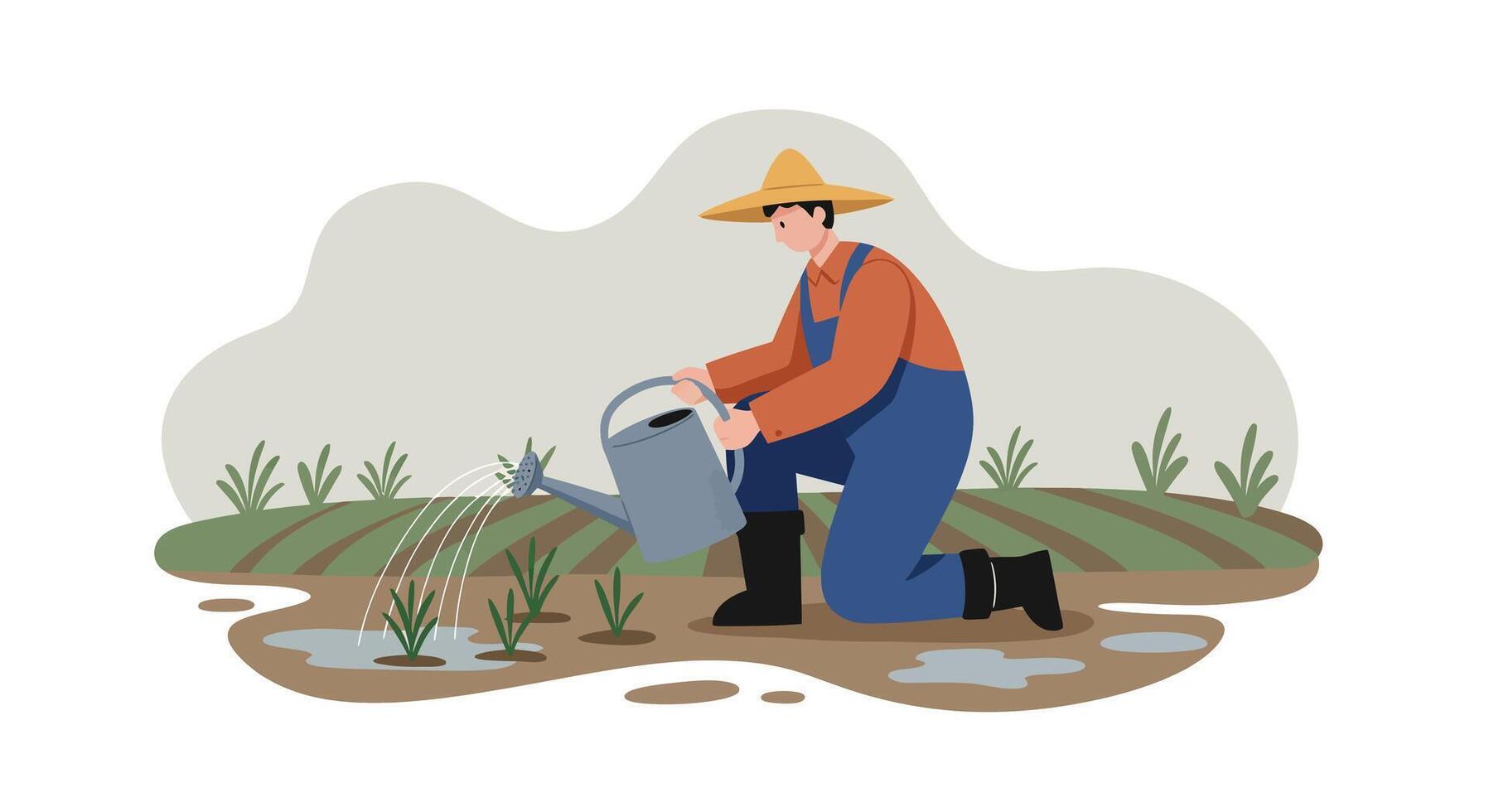 Farmer wearing hat and overalls kneeling to water small plants in field minimal flat illustration vector