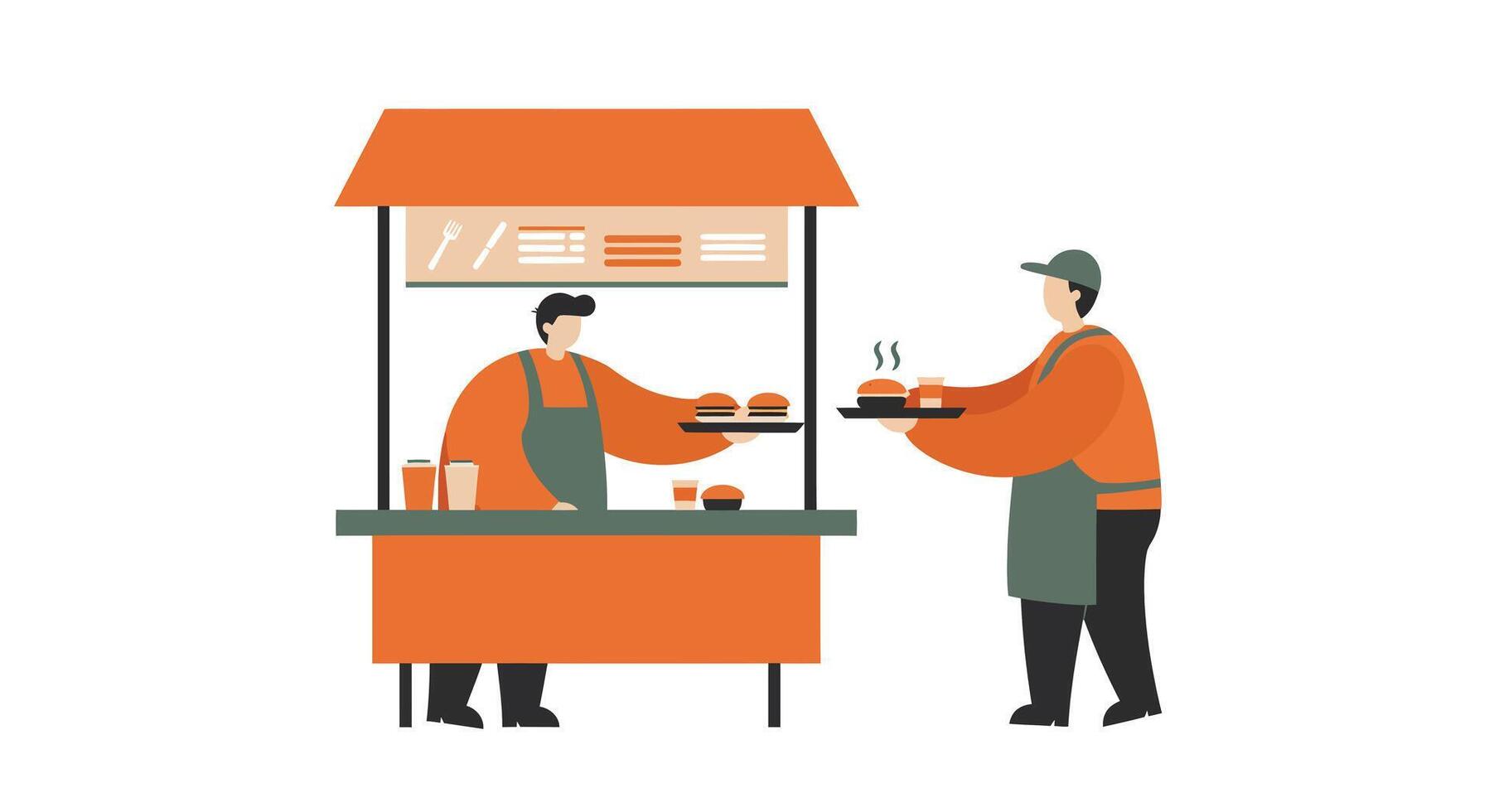 Street food vendor serving fresh hot burgers to a customer in flat minimal style illustration vector