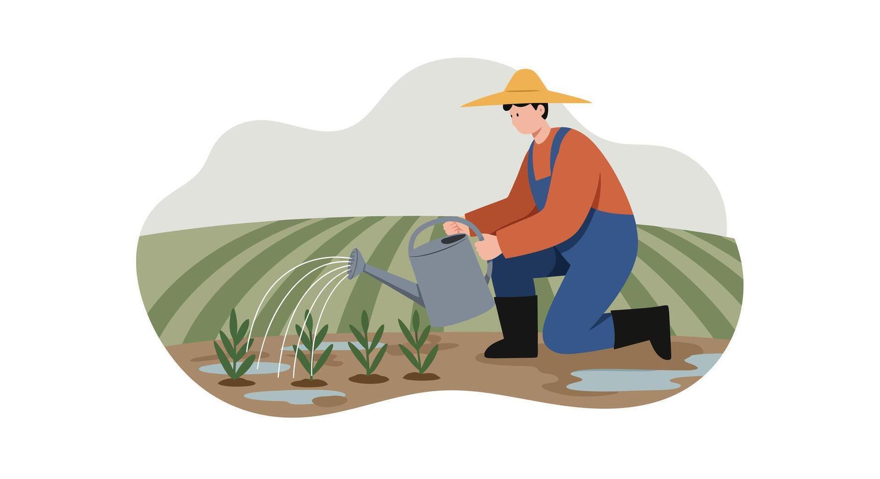 Farmer in wide brim hat watering young plants in field with flat minimal style illustration vector