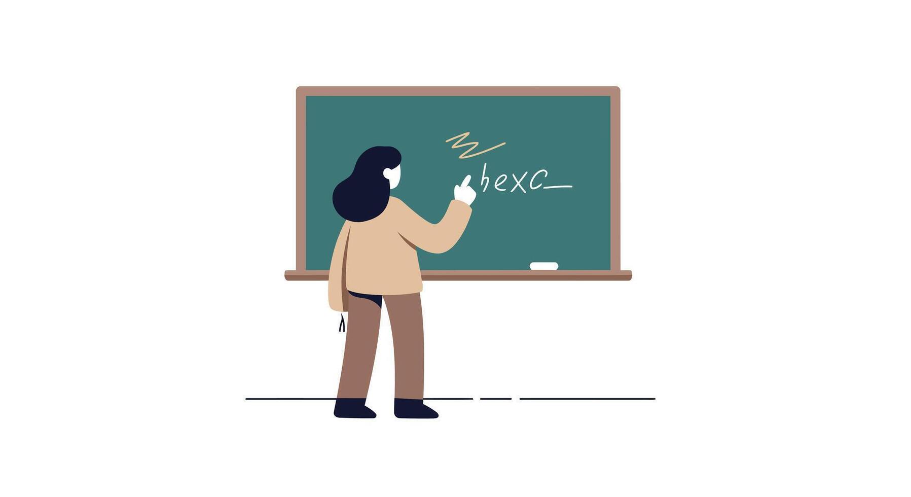 Female teacher writing on green chalkboard with mathematical formula in flat minimal style illustration vector