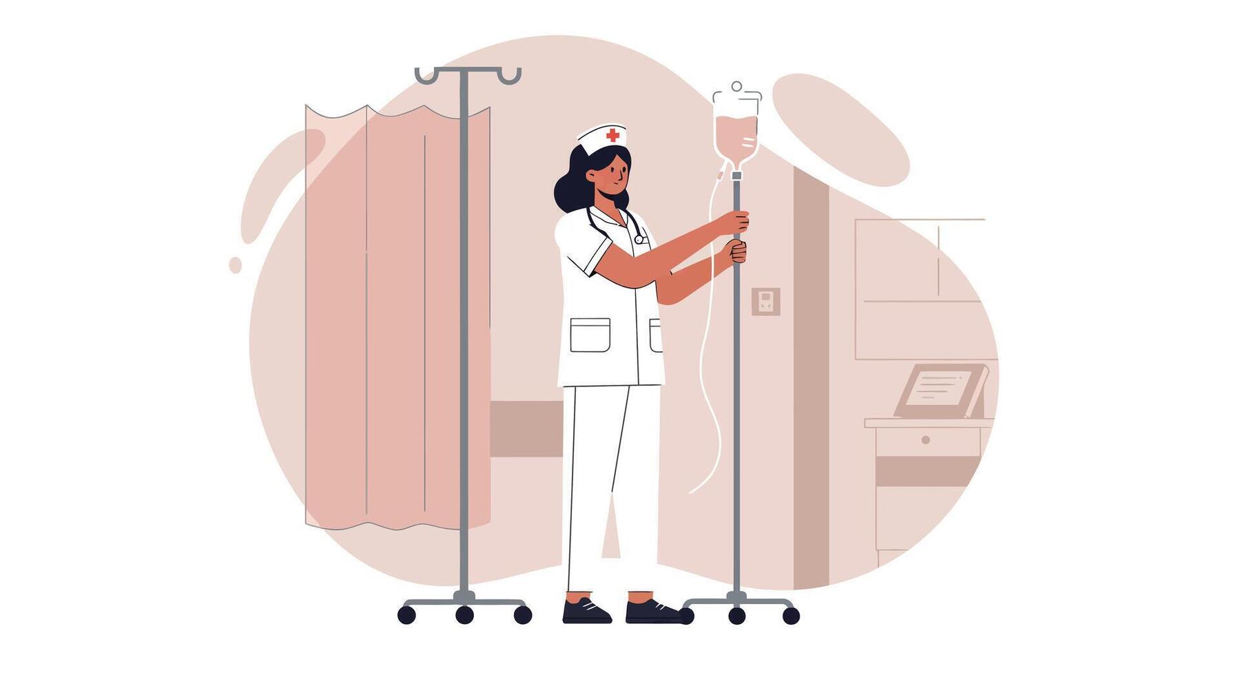 Female nurse adjusting intravenous drip stands in hospital corridor with minimal flat design illustration vector