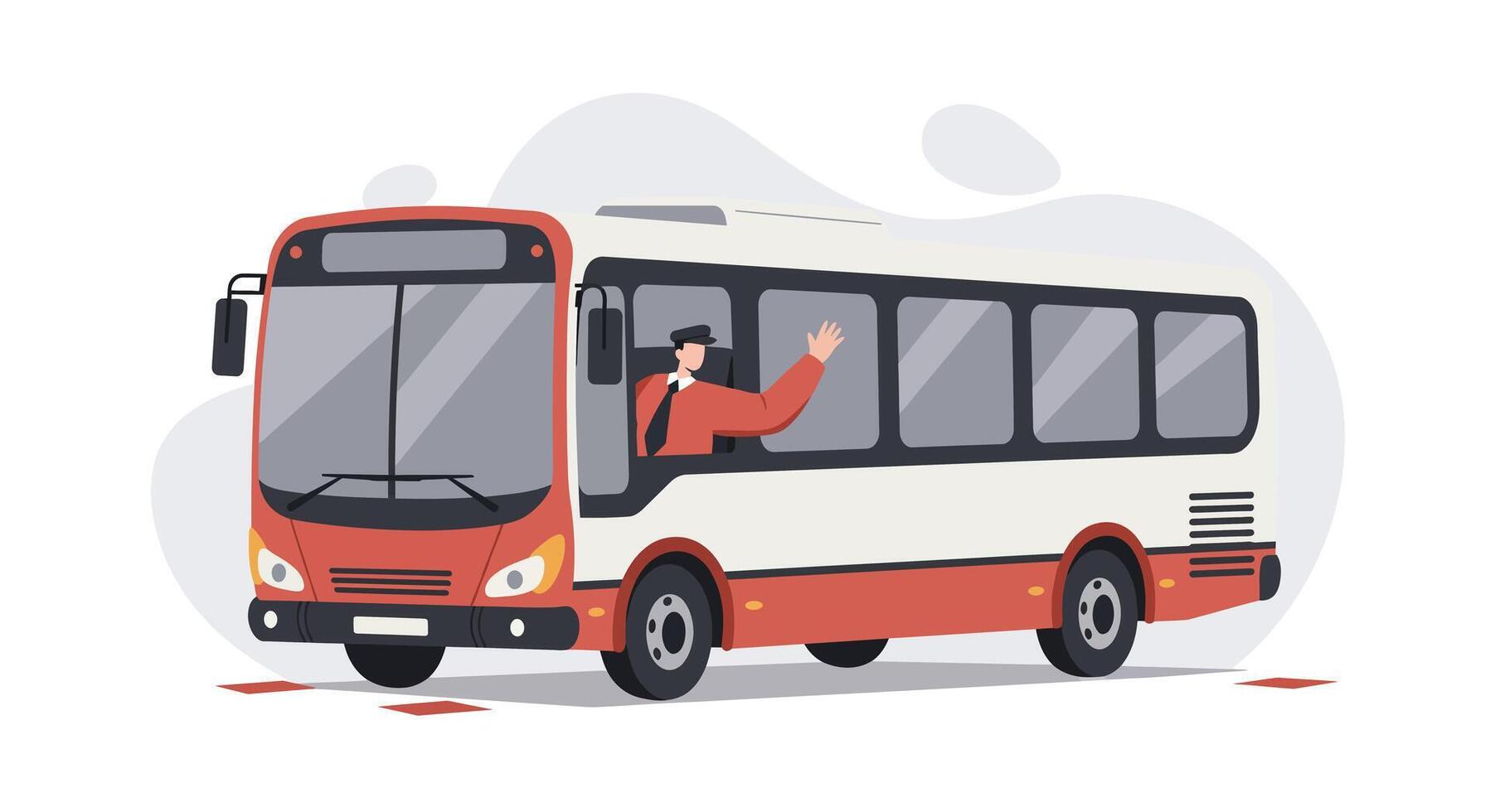 Public transportation bus with driver waving in flat minimal design style illustration vector