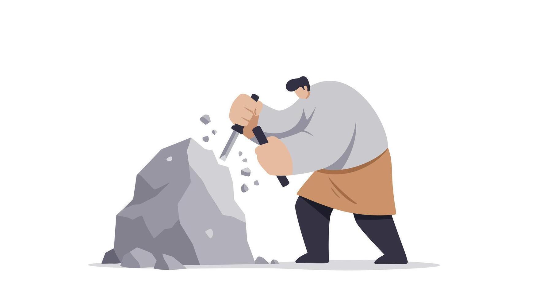 Man wearing brown apron and grey shirt using hammer and chisel on large rock in minimal flat art vector