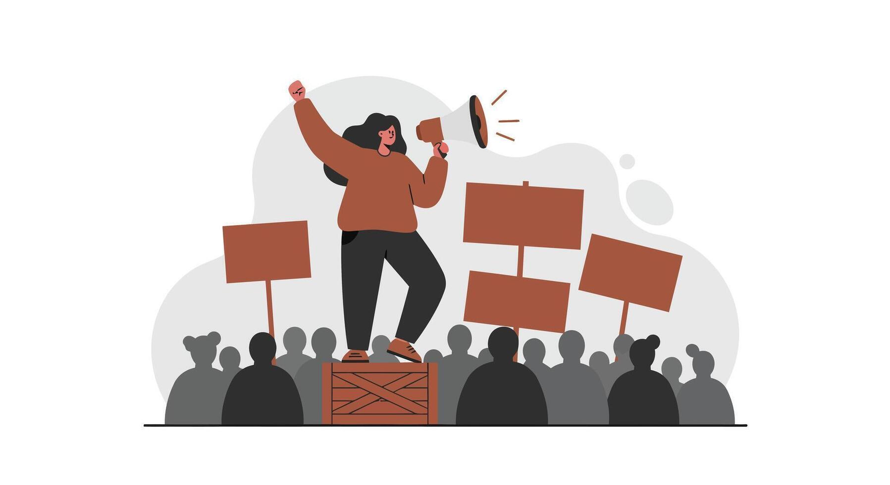 Woman activist speaking passionately on wooden crate with megaphone and protest signs flat modern illustration vector