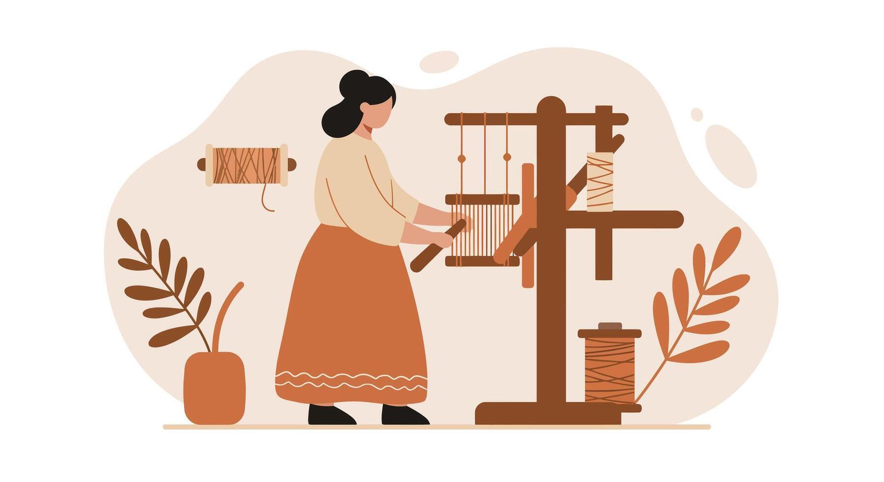 Woman weaving on traditional loom with natural decor in minimal flat design illustration vector