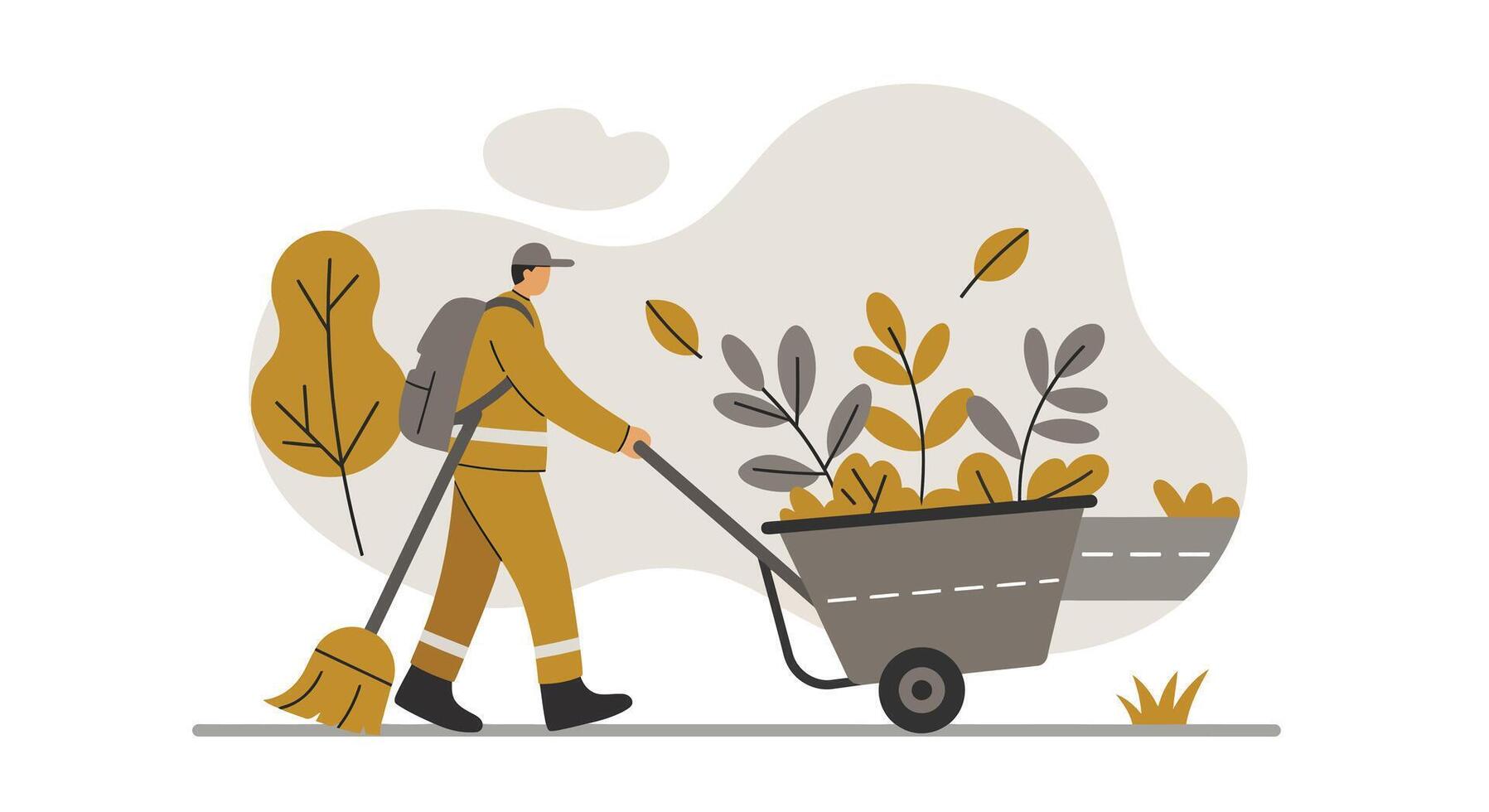 Gardener pushing wheelbarrow with autumn plants in flat minimal style illustration vector