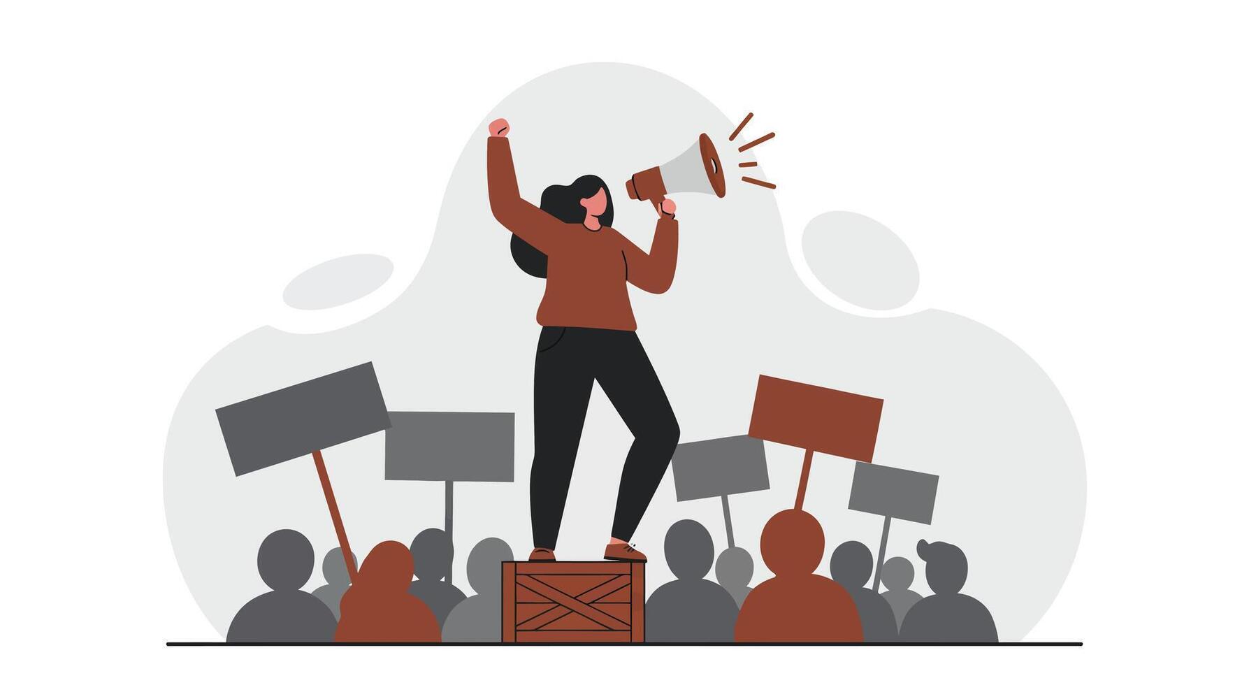 Woman speaking passionately with megaphone during protest crowd holding signs flat minimal illustration vector