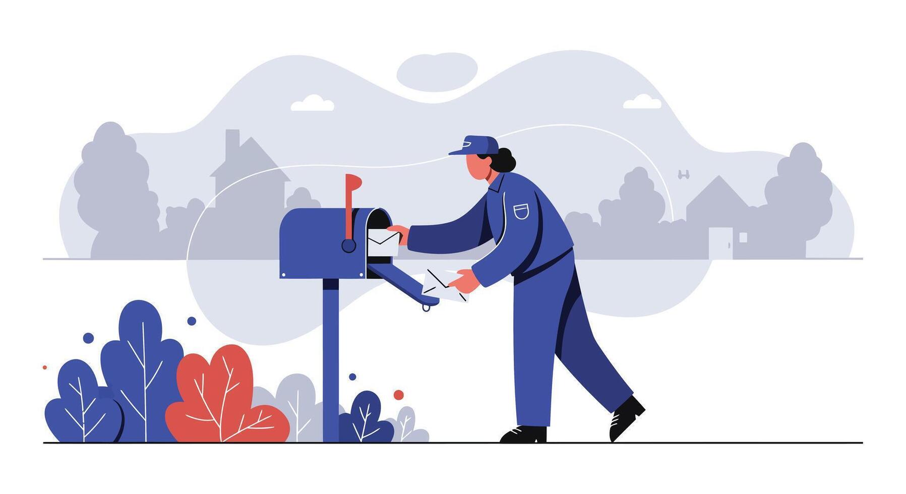 Postal worker in flat design style delivering mail to mailbox in outdoor suburban setting illustration vector