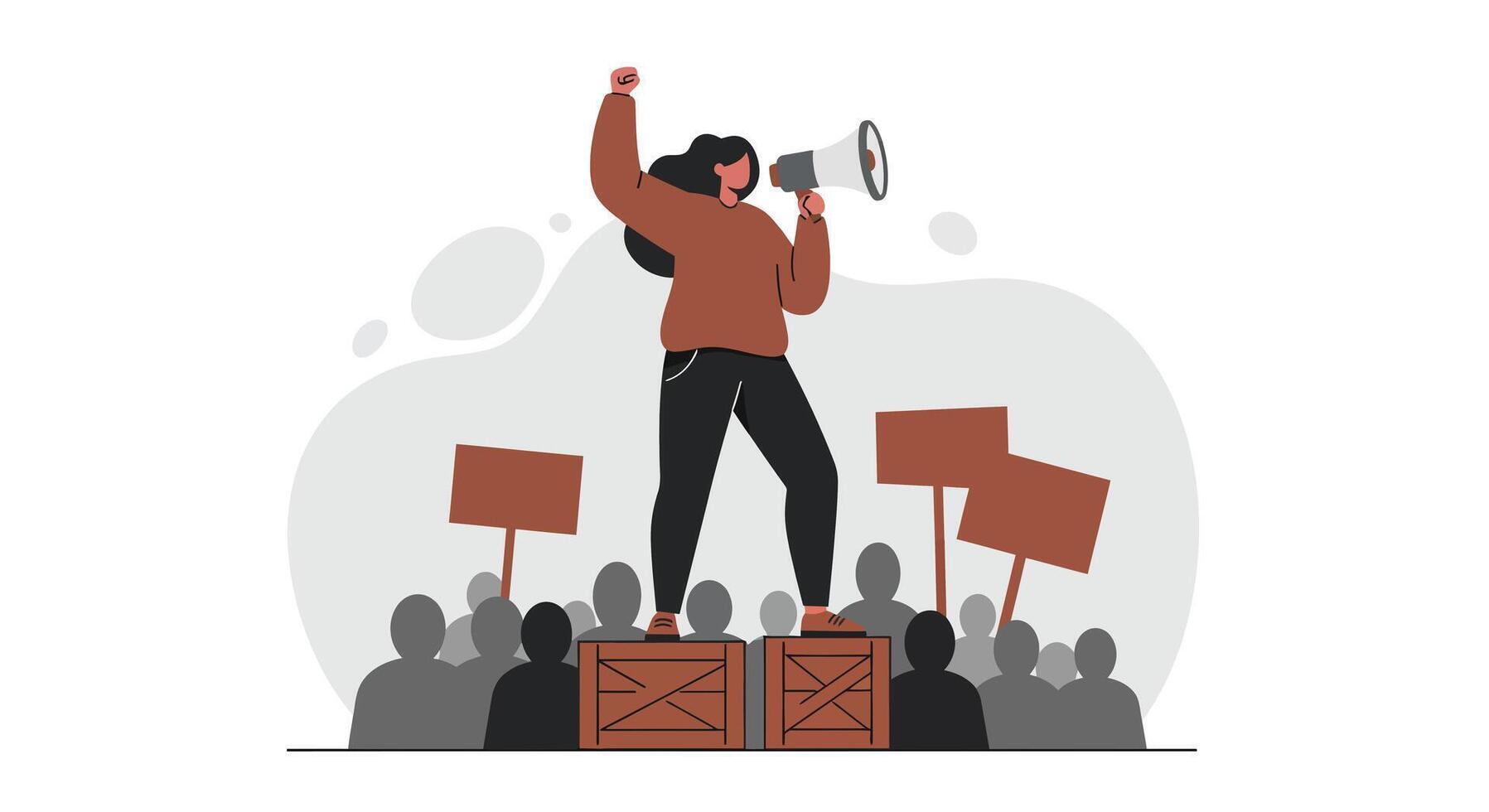 Woman standing on wooden crates with megaphone leading protest crowd holding signs flat minimal illustration vector