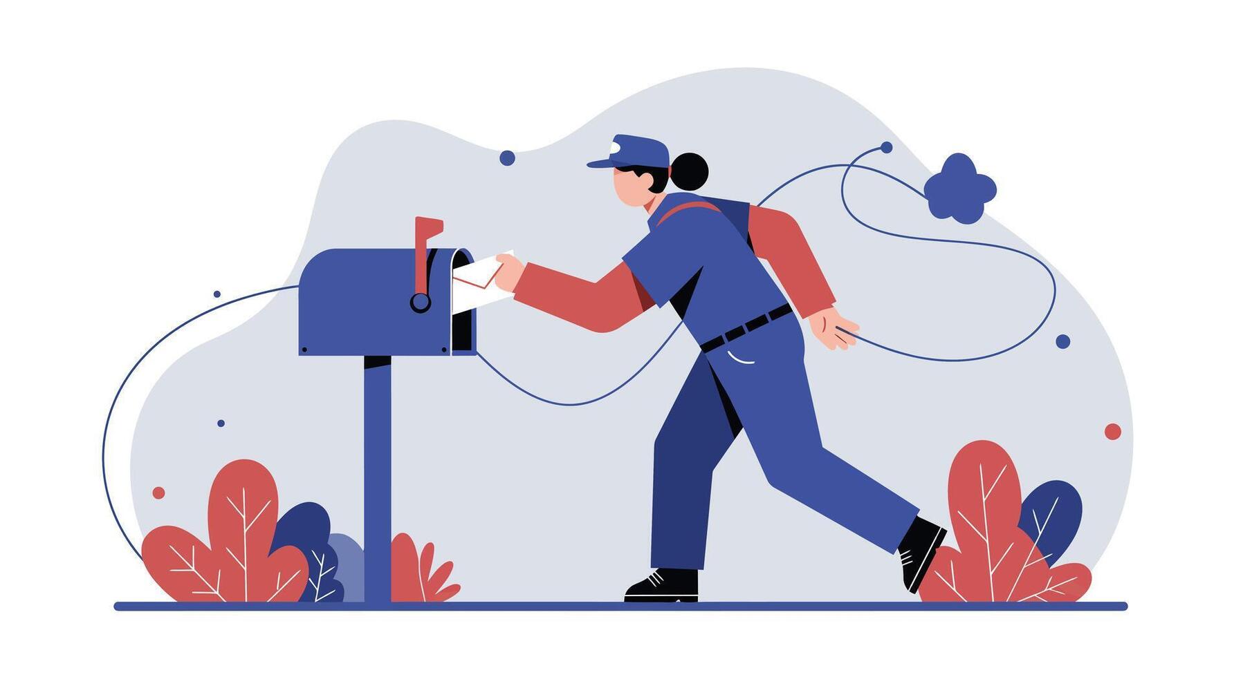 Mail carrier delivering letters in flat minimal style with postbox and outdoor plants illustration vector