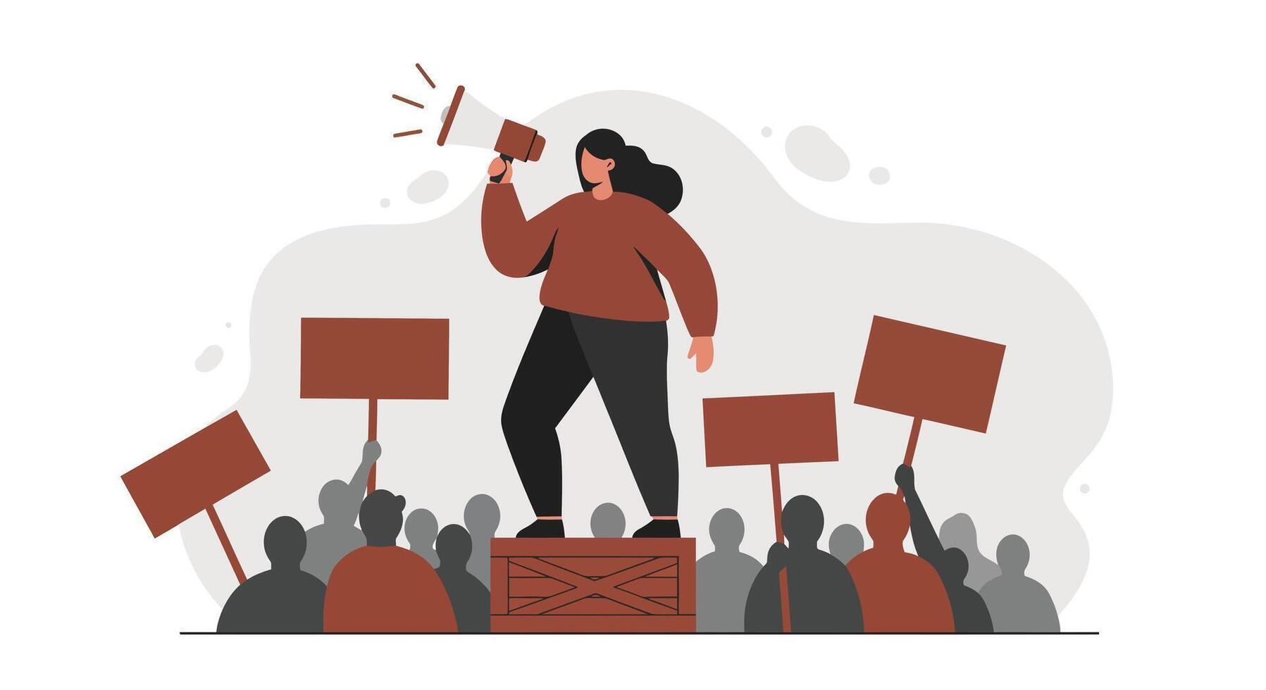 Woman leading protest with megaphone and blank signs in flat minimal style illustration vector