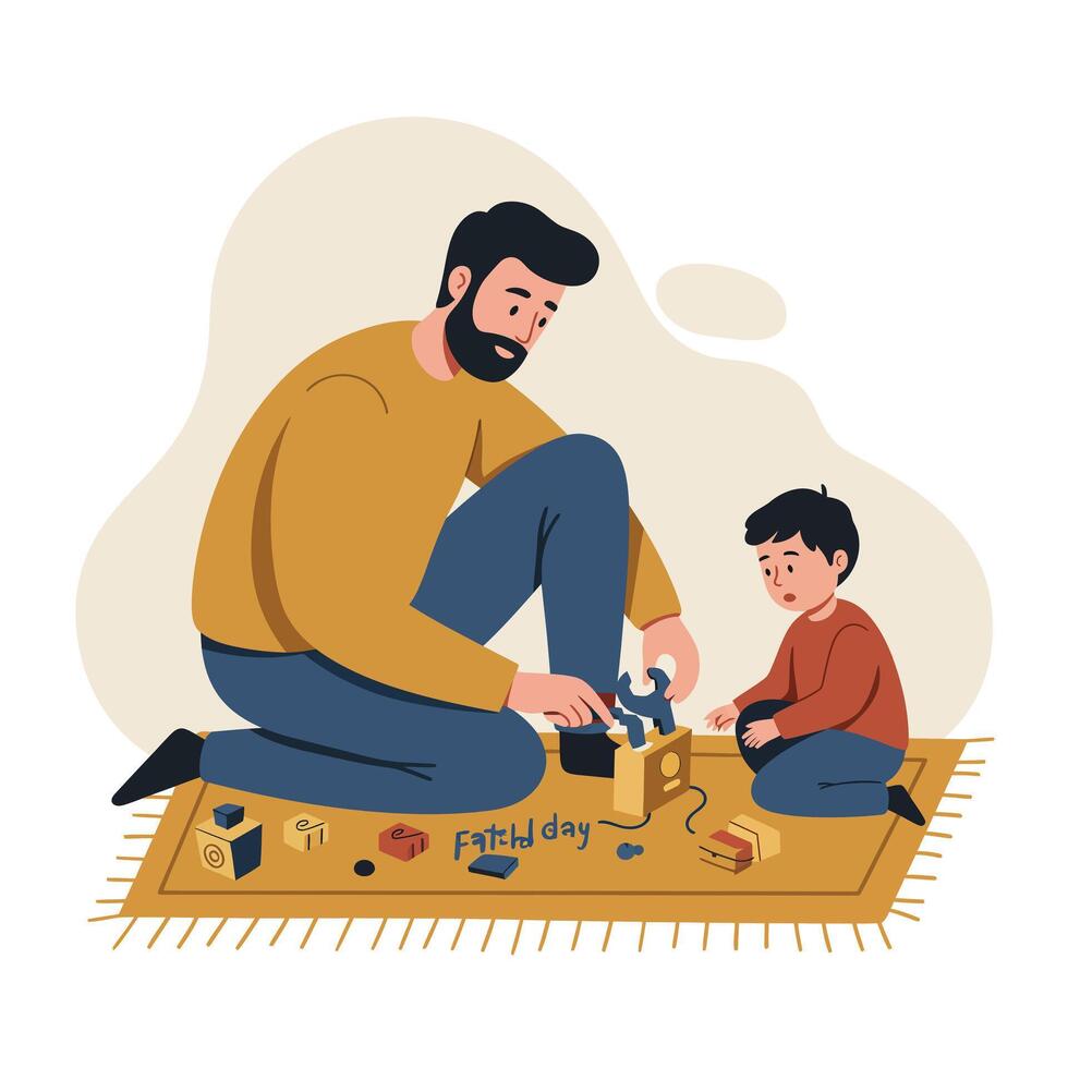 Father and young son playing with wooden toys on rug in cozy home interior flat design illustration vector