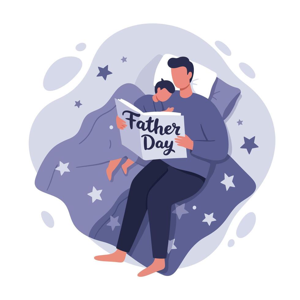 Father and son walking together holding hands with Father Day gift bag and flower in flat modern art vector
